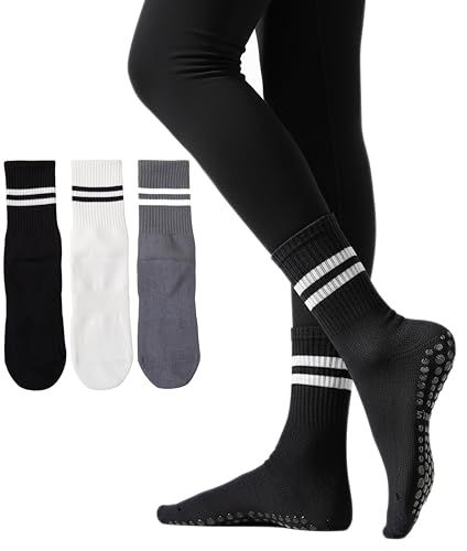 Shows the core product (non-slip socks) with grip dots on the sole and athletic striping, communicating both safety and style to shoppers. Displays three available color choices to help shoppers…