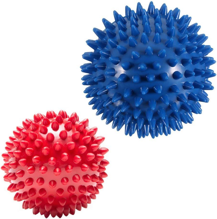 Shows the core product clearly on a clean white background, displaying two spiky massage balls in different colors and sizes to communicate what the shopper will receive. Demonstrates the available…