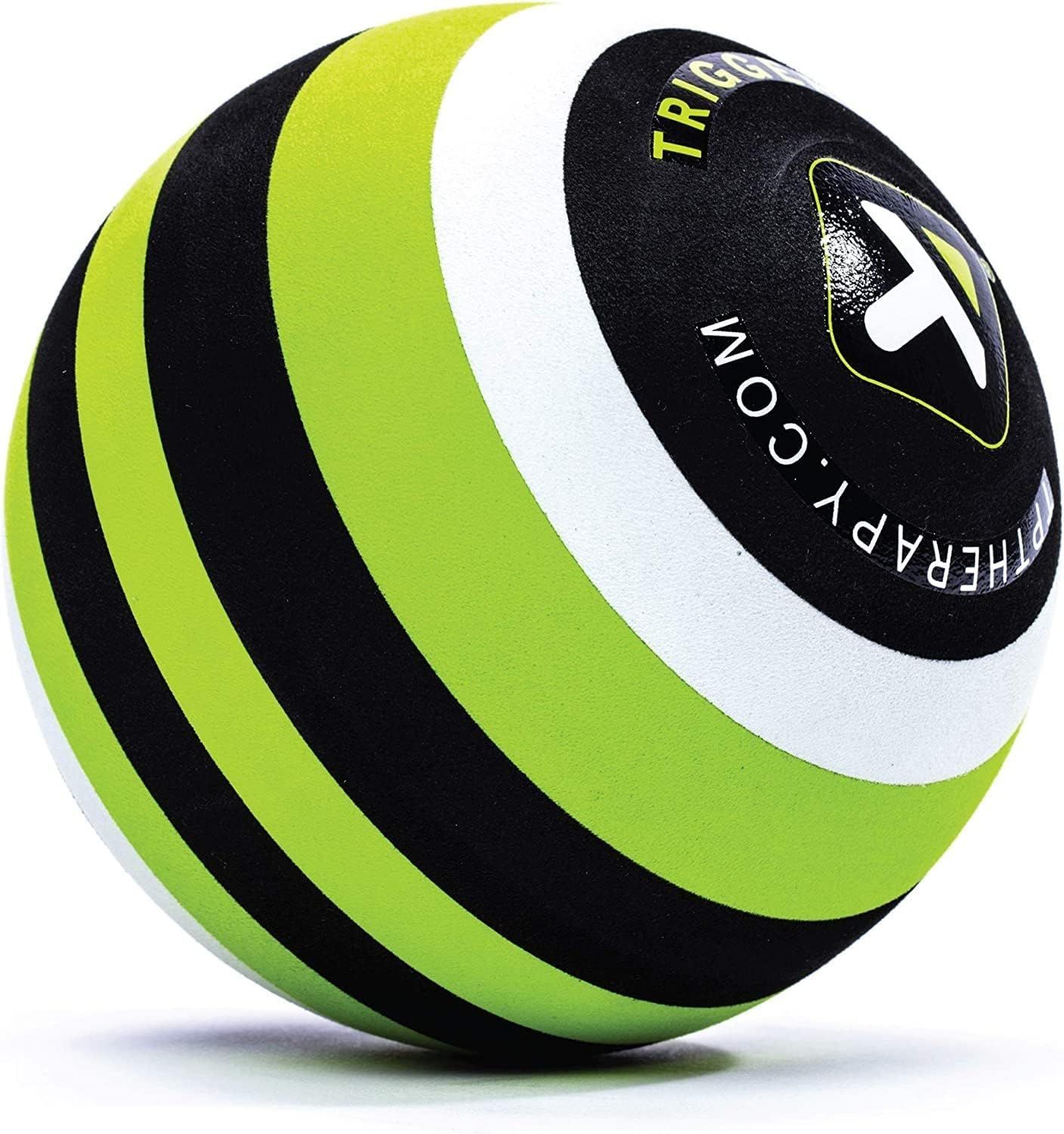 Displays the core product clearly with its distinctive striped design and branding to help shoppers identify the massage therapy ball. Uses a subtle drop shadow beneath the ball to create depth and…