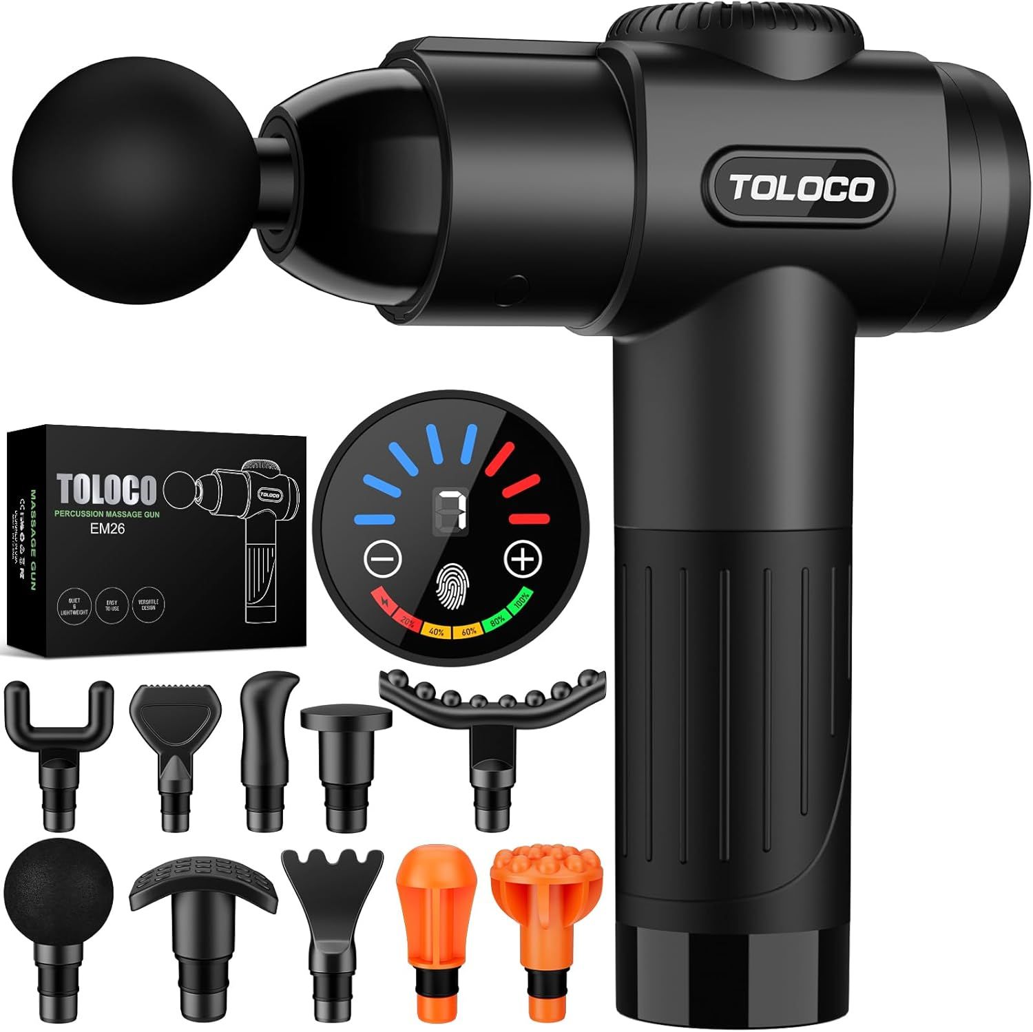 Shows the core product, a TOLOCO percussion massage gun, clearly displayed with its T-shaped ergonomic design and digital control interface to communicate what the buyer is purchasing. Displays all…
