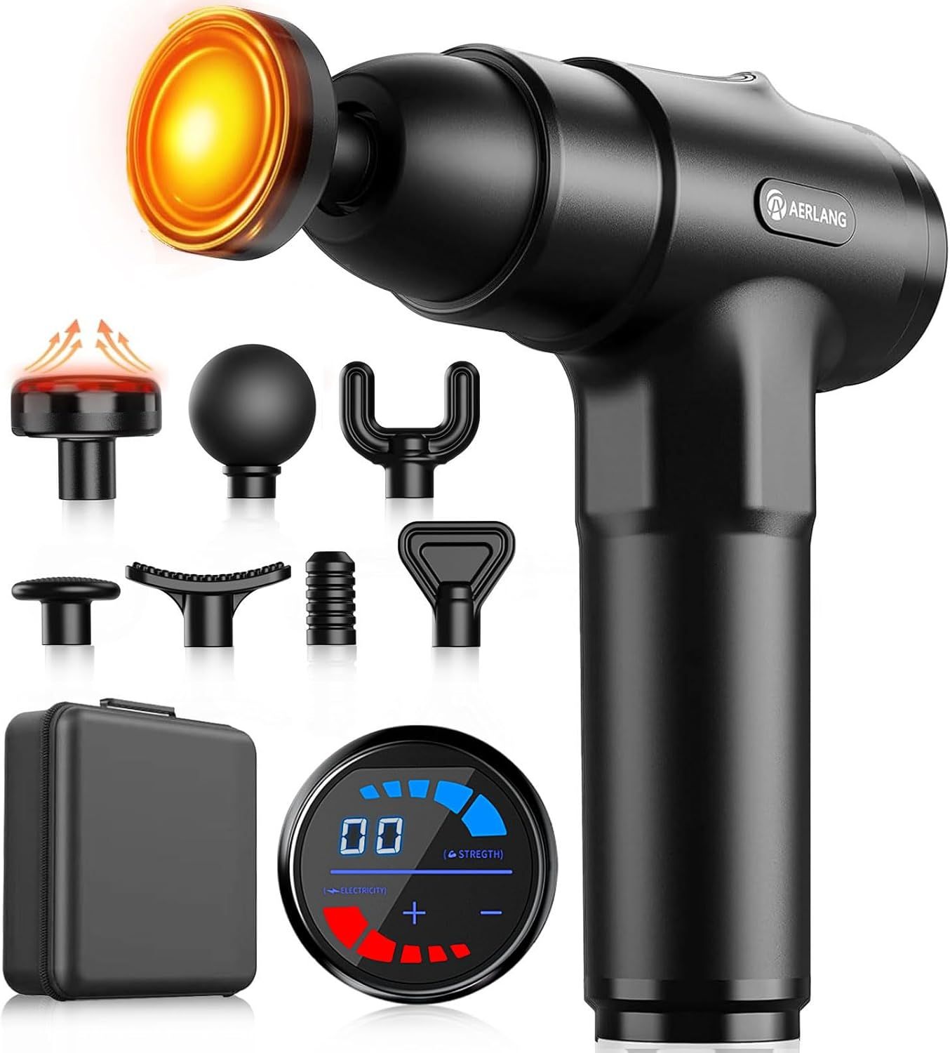 Displays the core massage gun product with its heating capability (shown by the glowing orange head) to communicate its therapeutic functionality and premium design. Shows all included accessories…