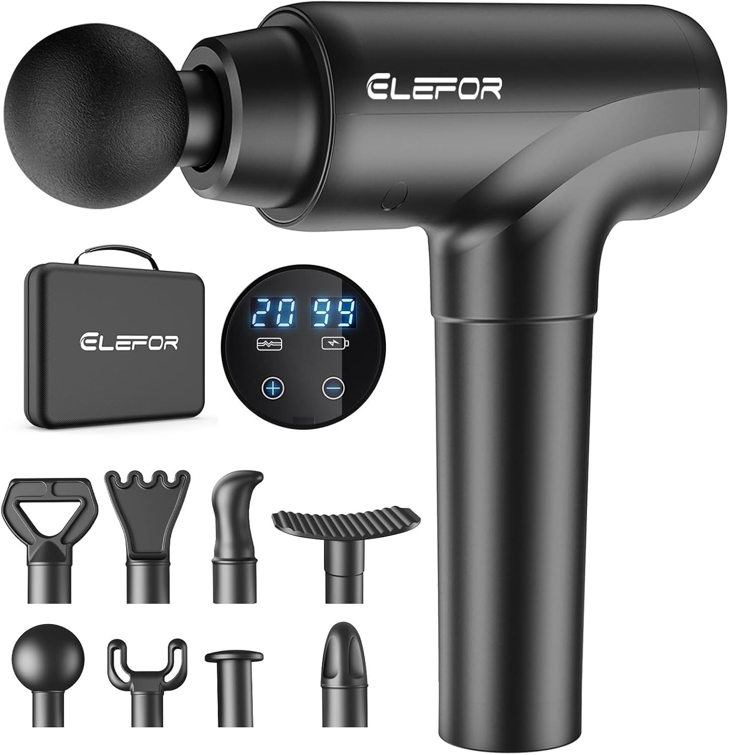 Displays the core product, a handheld massage gun with digital controls, to show shoppers exactly what they are purchasing. Shows all included accessories and attachments that come with the massage…