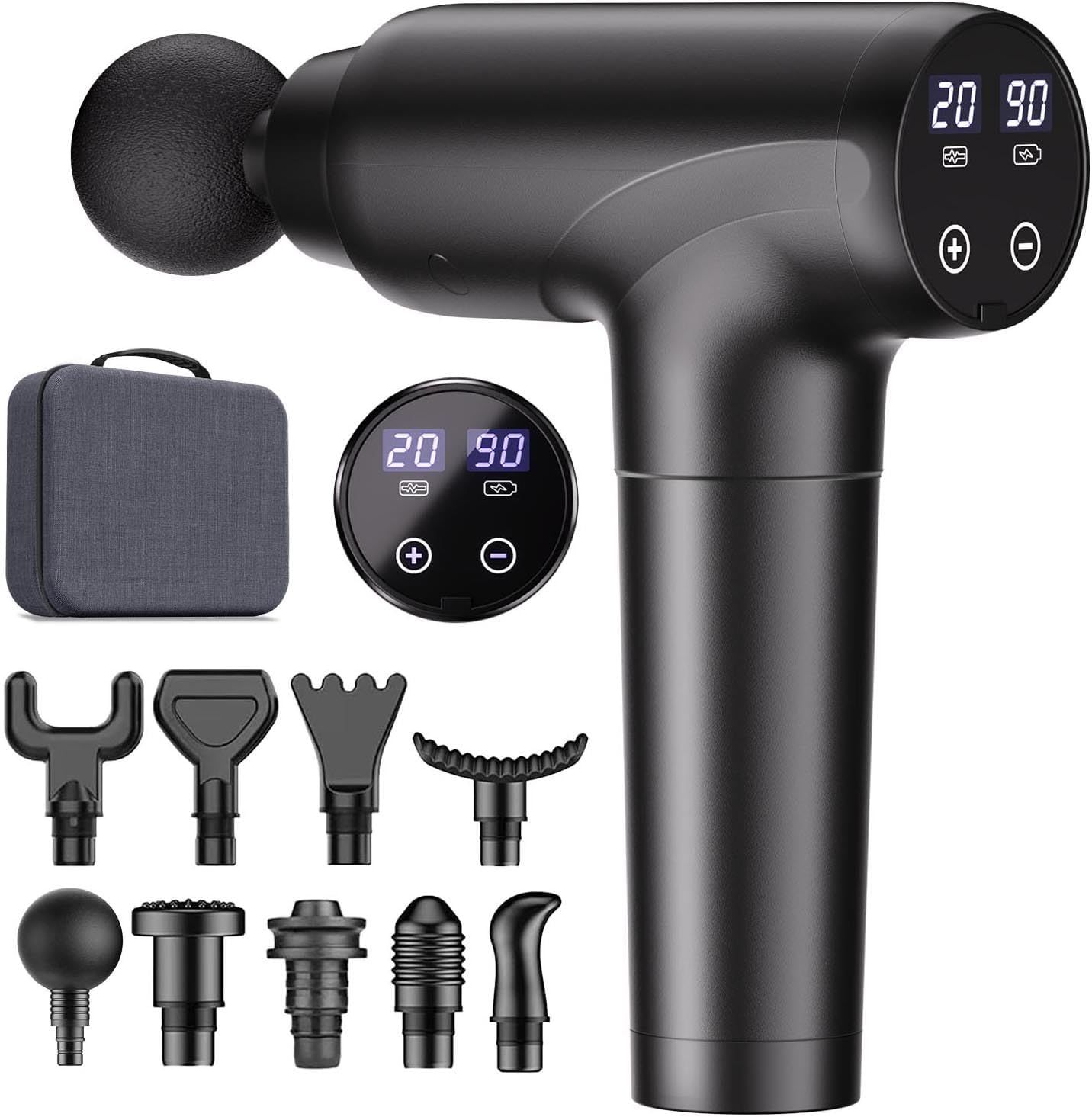Shows the core massage gun product with its digital control interface displaying speed and intensity settings, communicating the product's adjustable functionality and modern design. Displays all…
