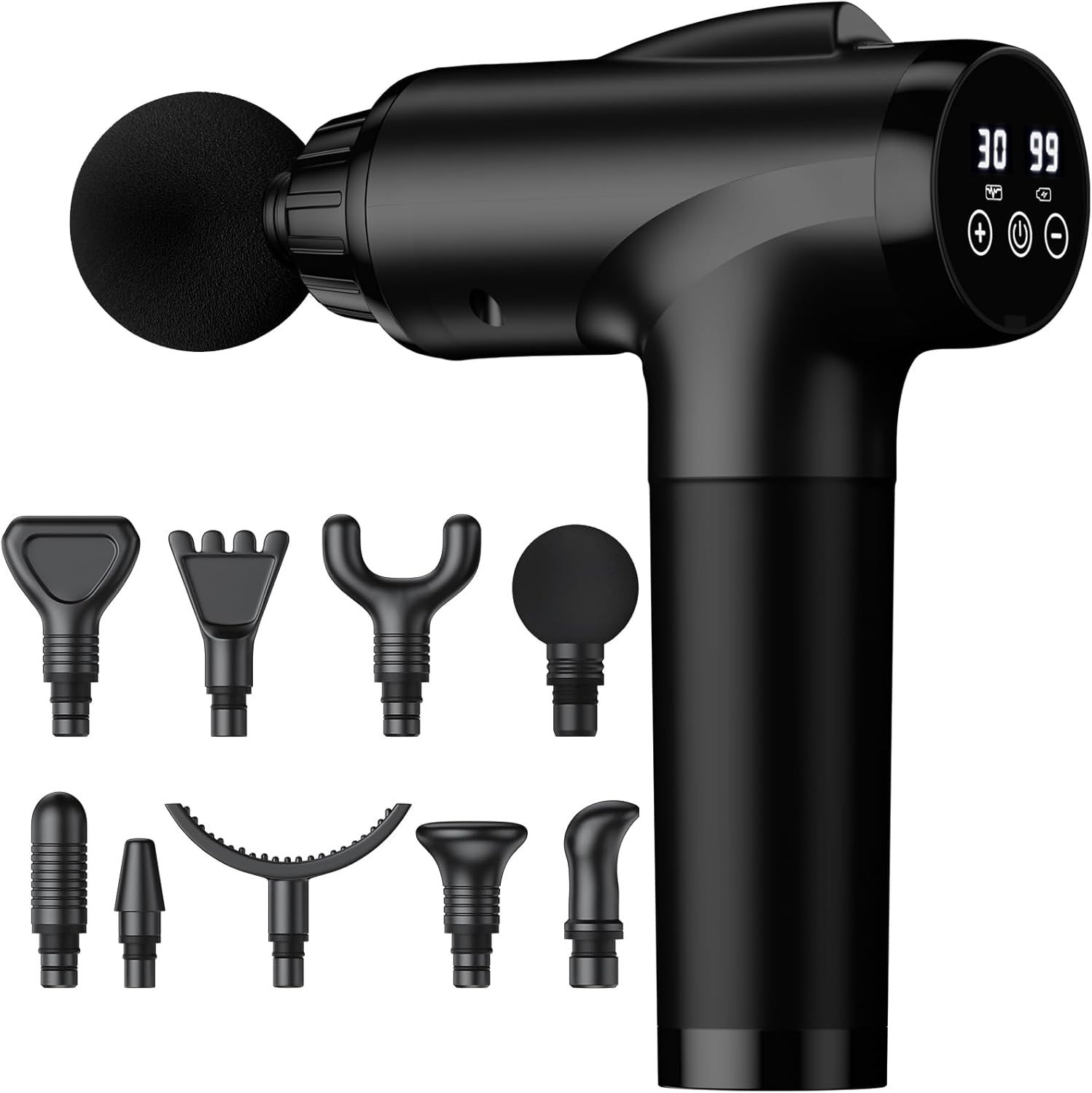 Shows the core product clearly with its digital display and ergonomic design to help shoppers understand what they are purchasing. Displays the nine included massage head attachments to communicate…