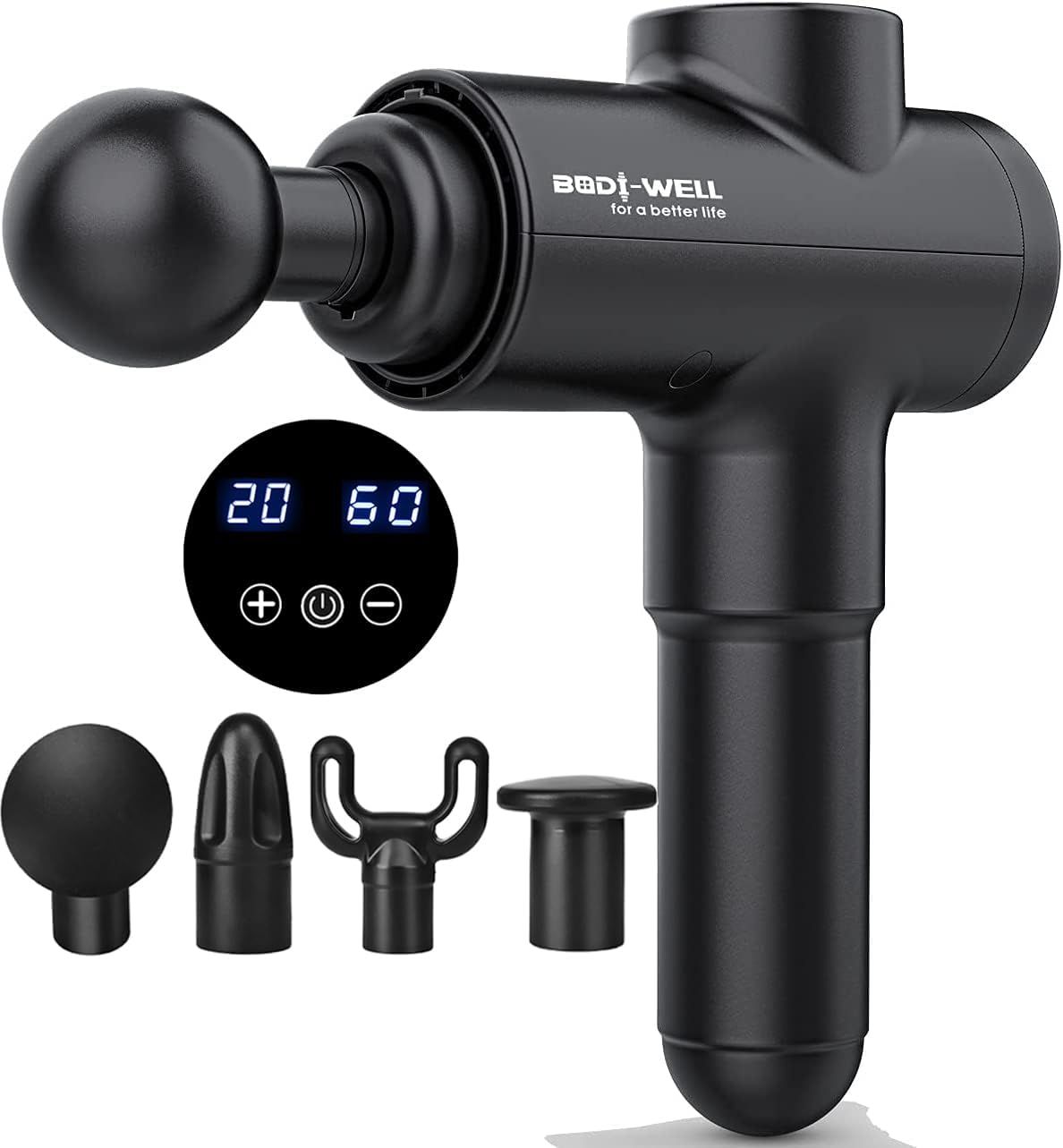 Shows the core product, a handheld massage gun with digital controls, to communicate what the buyer will receive. Displays the four included massage head attachments to show versatility and reassure…