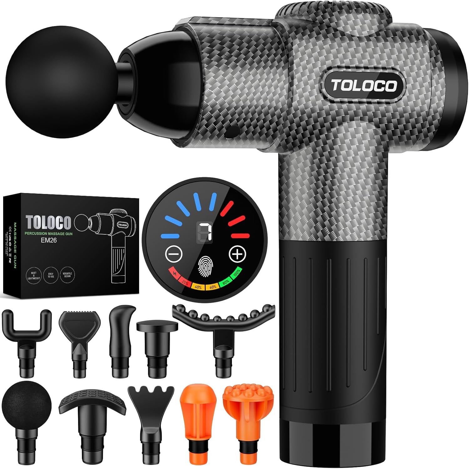Displays the core product (massage gun) prominently with its carbon fiber texture and branding to show shoppers exactly what they are purchasing. Shows all included accessories and attachments (10…