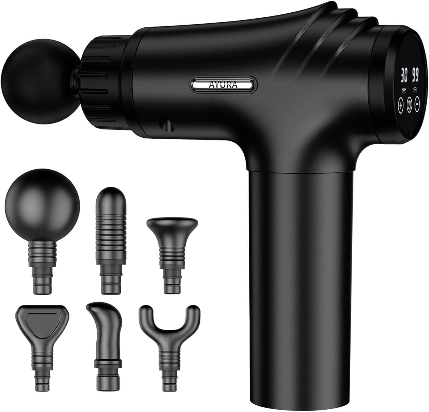 Displays the core product, an AYURA massage gun with digital speed settings, to show shoppers exactly what they will receive. Shows the six included massage head attachments that come with the…