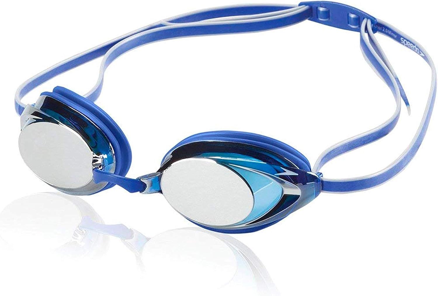 Displays the swim goggles clearly on a white background to show the product design, mirrored lenses, and adjustable strap, helping shoppers evaluate the style and features.