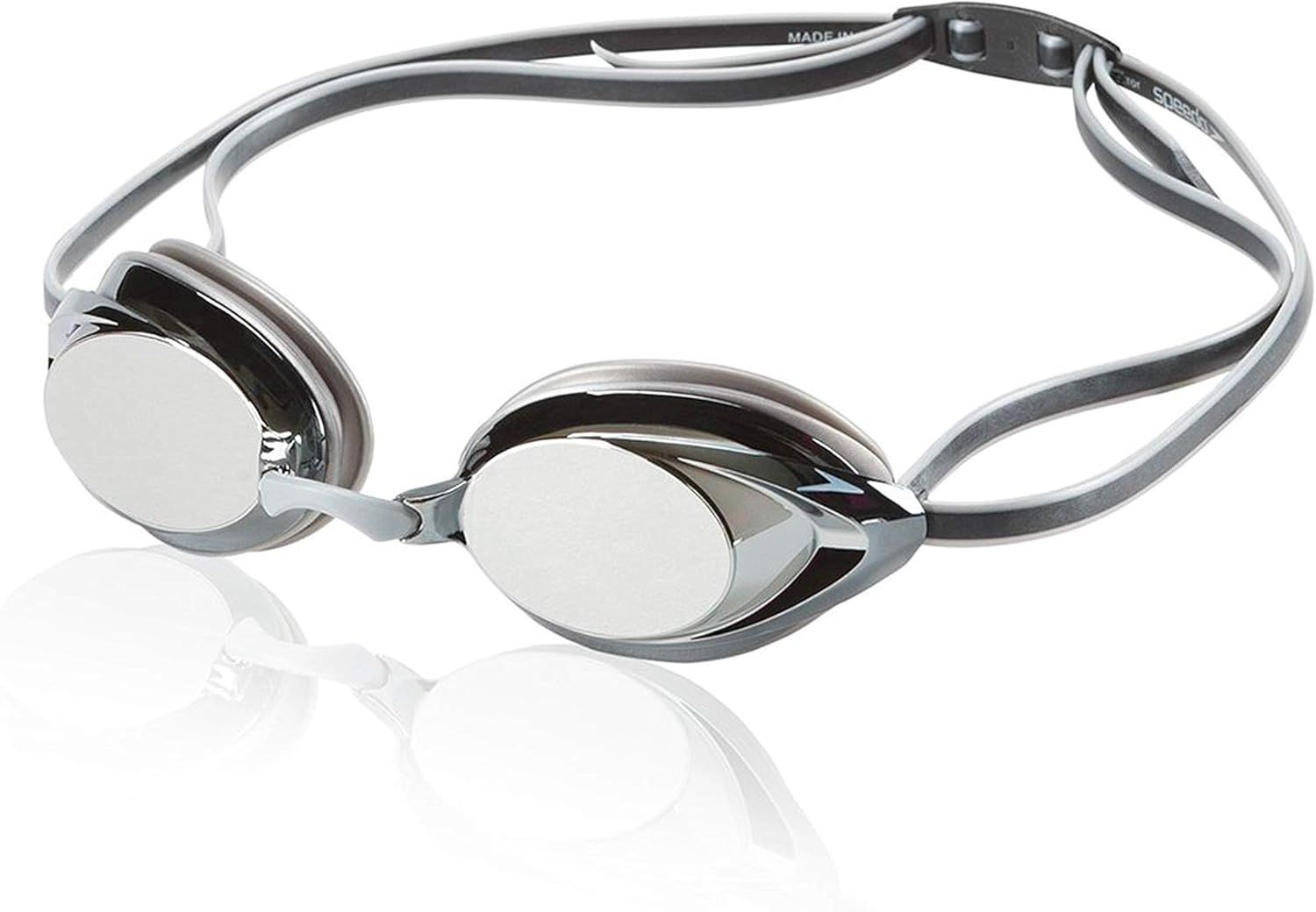 Displays the swim goggles clearly to show the product design, mirrored lenses, and adjustable strap, helping shoppers understand what they are purchasing. Uses a subtle reflection beneath the…