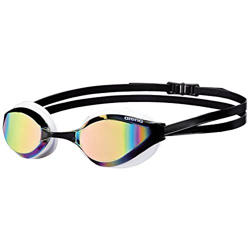 Displays the swim goggles clearly on a white background to show the product's sleek design, mirrored lenses, and adjustable strap, helping shoppers understand what they will receive.