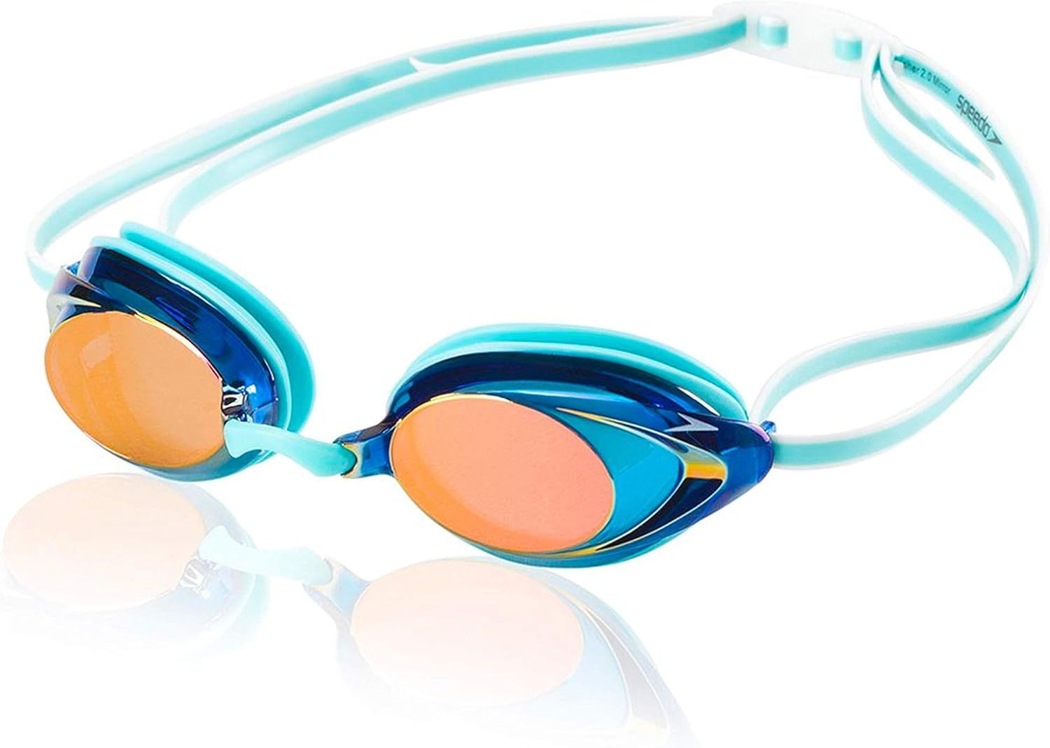 Displays the swim goggles clearly on a white background to show the product's sleek design, mirrored lenses, and turquoise color scheme, helping shoppers visualize the product they will receive.…
