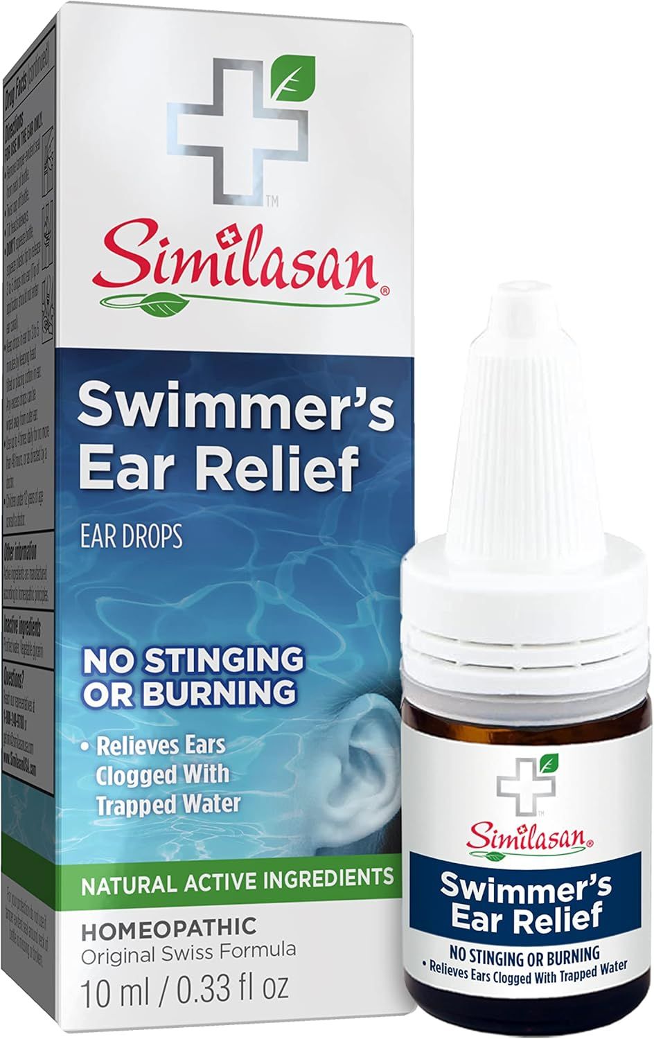 Shows the complete product offering—both the retail box and the ear drop bottle—to communicate what the shopper will receive and the product's specific use for swimmer's ear relief. Displays the…