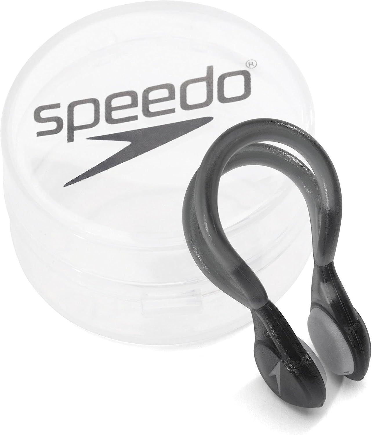 Shows the core Speedo nose clip product alongside its branded storage case to communicate what the buyer receives and reinforce brand trust. Displays the physical Speedo-branded storage case that…