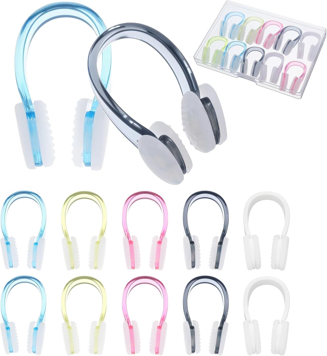 Shows the core product clearly - a set of nose clips available in various colors (blue, yellow, pink, gray, white) to communicate the multi-pack offering and color variety included in the purchase.…
