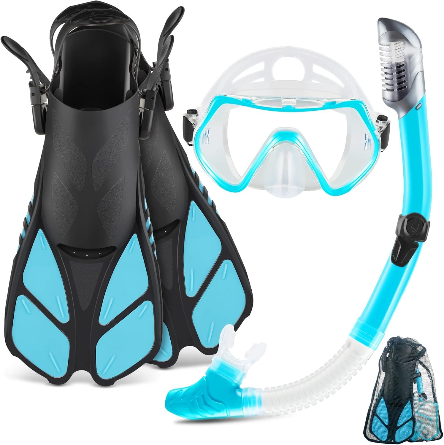 Displays the complete snorkeling kit including fins, mask, snorkel, and carrying bag to show shoppers everything included in the purchase. Shows all the individual components that come together as a…