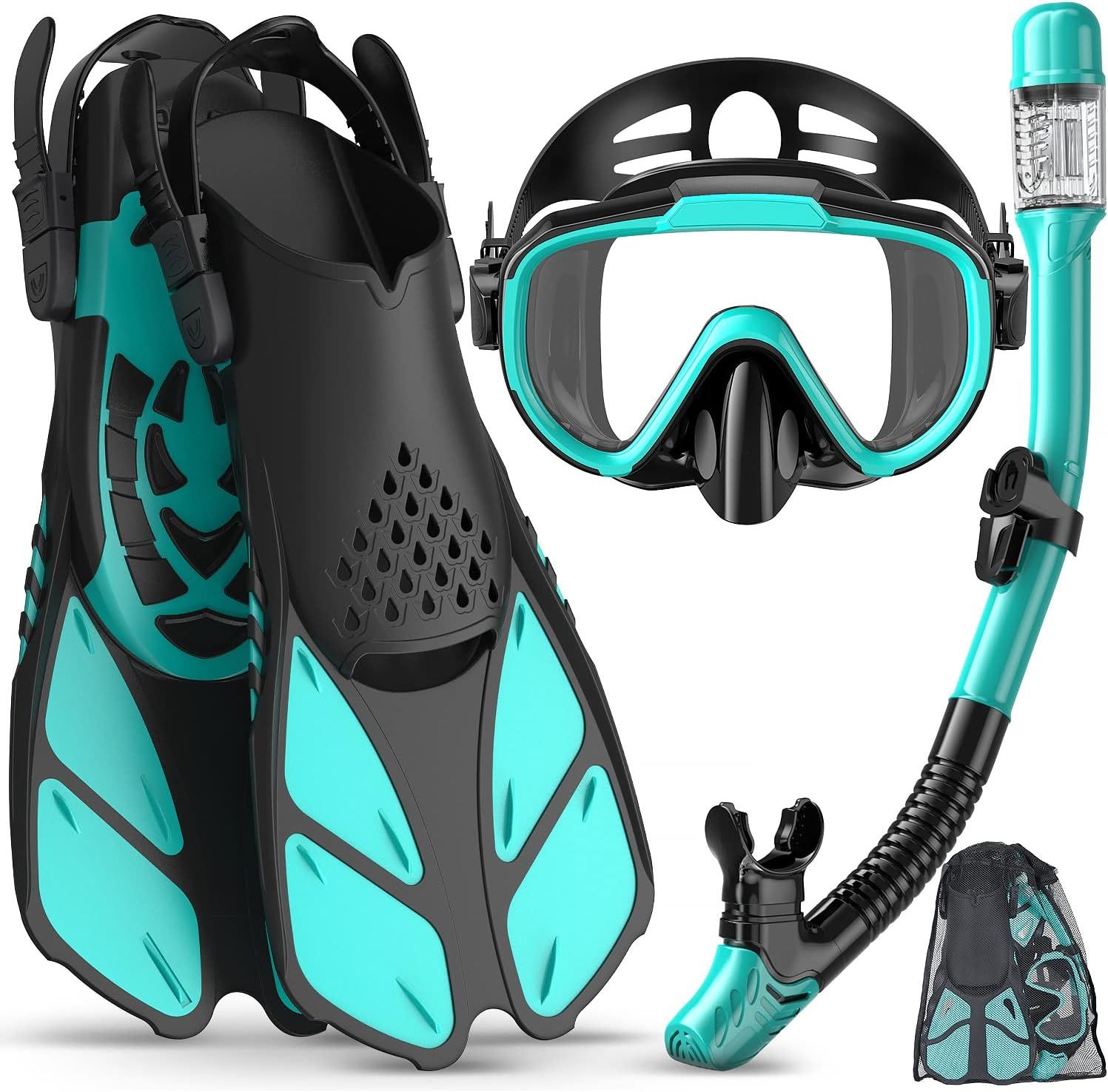 Displays the complete snorkeling kit including fins, mask, snorkel, and carrying bag to show shoppers exactly what they will receive in their purchase. Shows all the individual components that come…