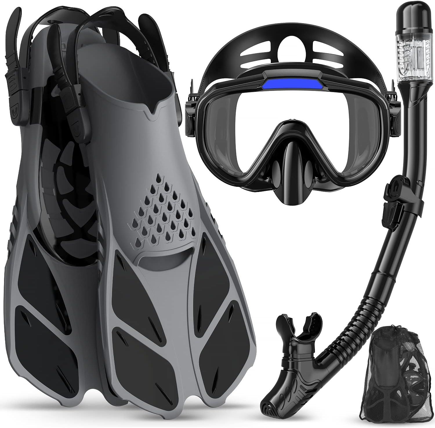 Displays the complete snorkeling kit including fins, mask, snorkel, and carrying bag to show shoppers exactly what components are included in their purchase. Shows all the individual components that…