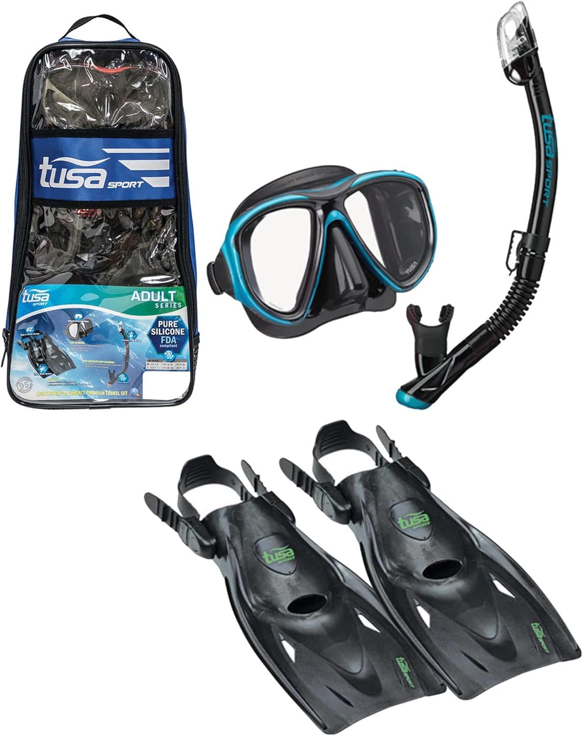 Displays the complete snorkeling kit including mask, snorkel, fins, and carrying bag to show shoppers everything included in the purchase. Shows all the individual components that come together as a…