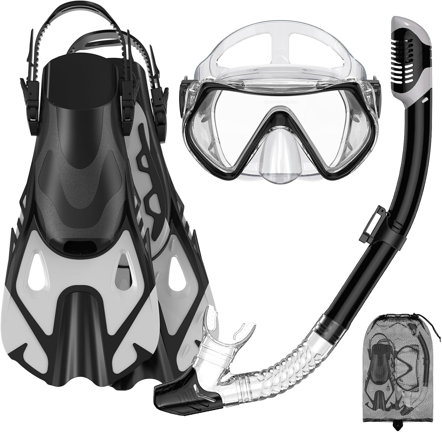 Displays the complete snorkeling kit including fins, mask, snorkel, and storage bag to show shoppers everything included in their purchase. Shows all the individual components that come together as…