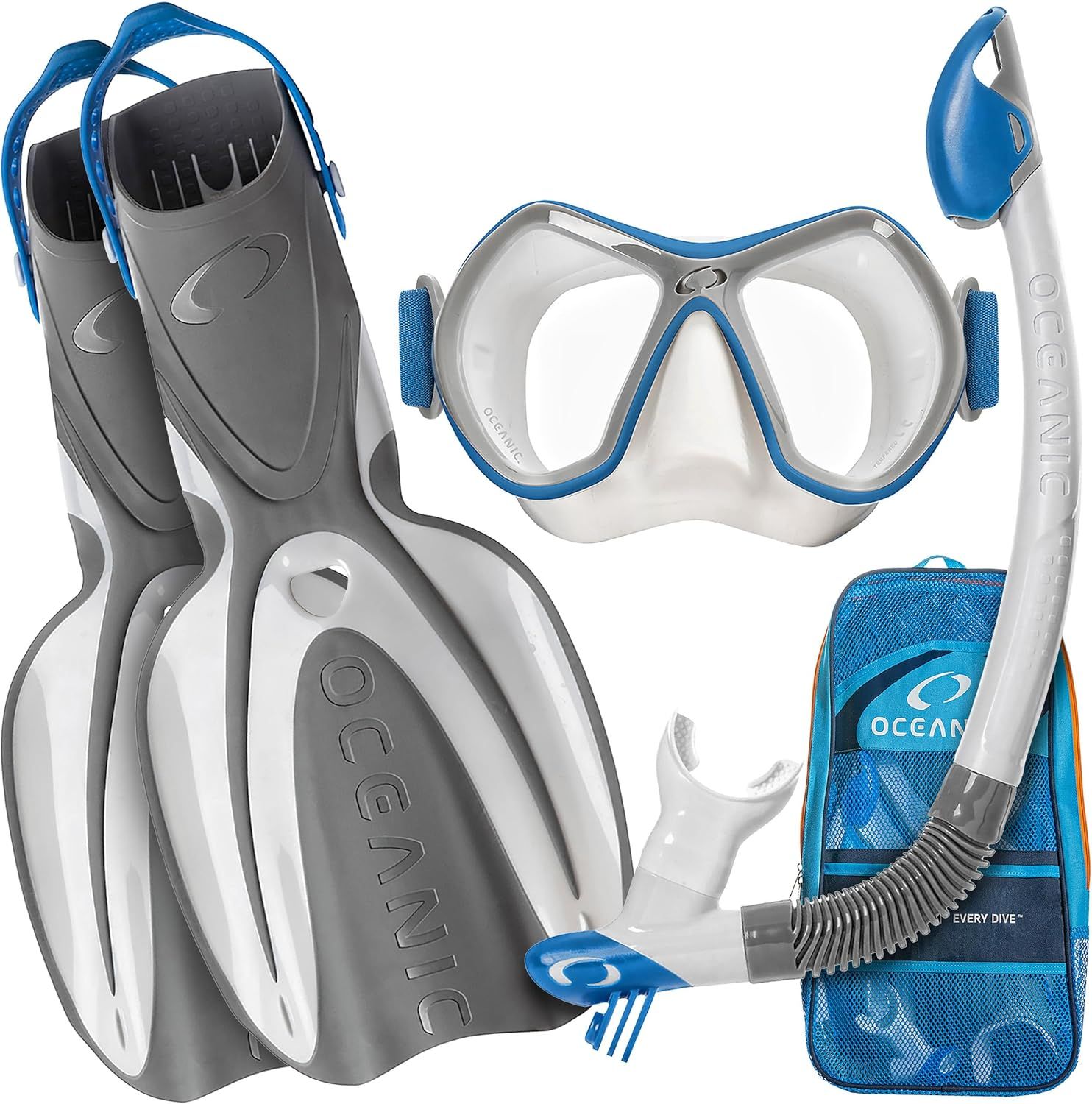 Displays the complete snorkeling kit including mask, snorkel, fins, and carrying bag to show shoppers everything included in the purchase. Shows all the individual components that come together as a…