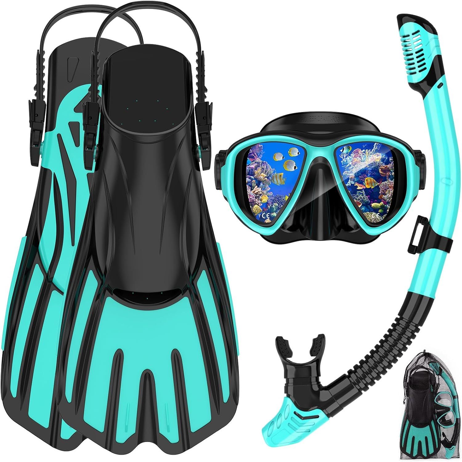 Displays the complete snorkeling gear set including fins, mask, and snorkel to show shoppers exactly what they will receive and how the color-coordinated pieces work together. Shows all the…