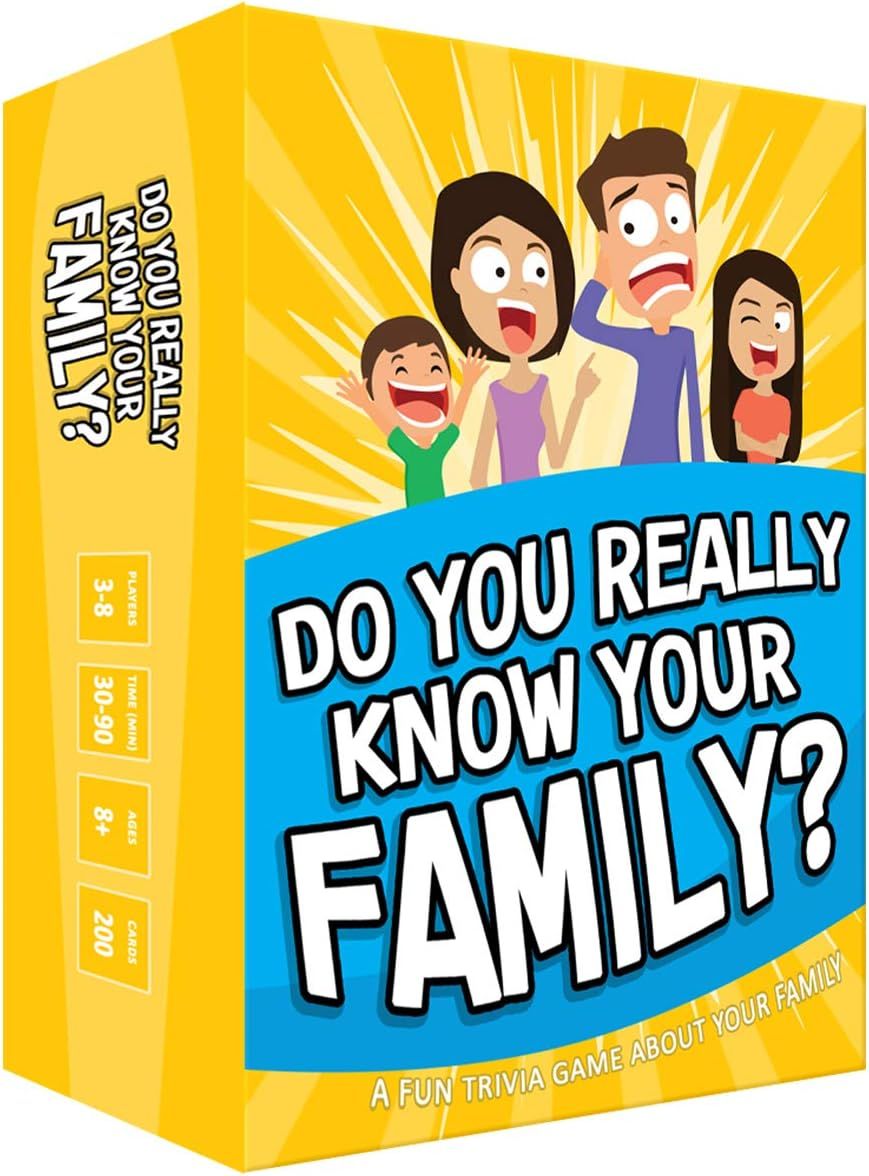 Displays the retail packaging of a family trivia game to show shoppers exactly what they will receive, including the box design and branding. Shows the physical retail box packaging with colorful…