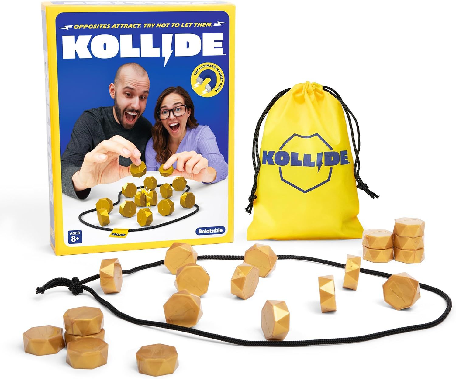 Shows the complete KOLLIDE game package including all components (magnetic game pieces, rope boundary, storage bag, and retail box) to communicate what the buyer receives and how the game is played.…