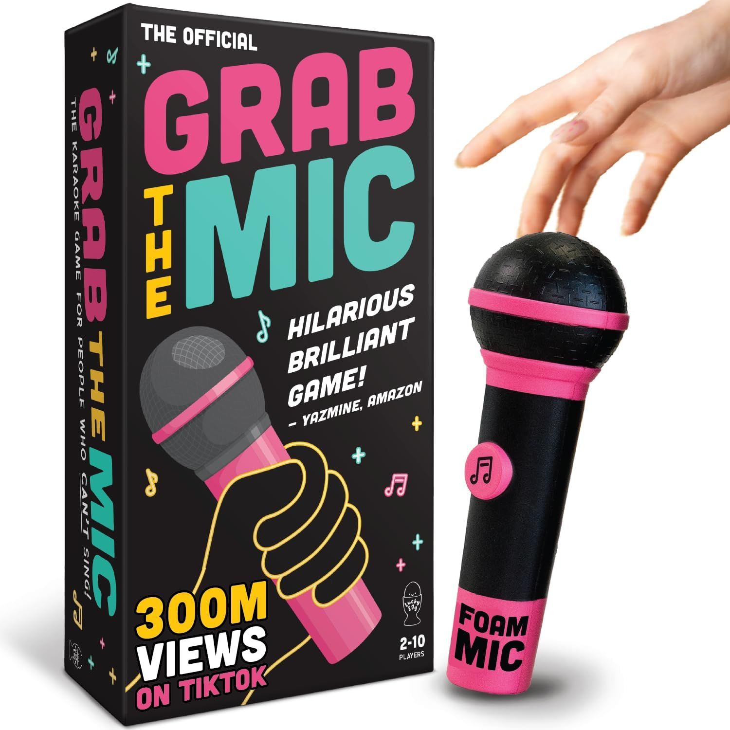 Shows the complete product set including the game box and foam microphone accessory to communicate what the buyer receives in this karaoke-style party game. Demonstrates how the foam microphone is…