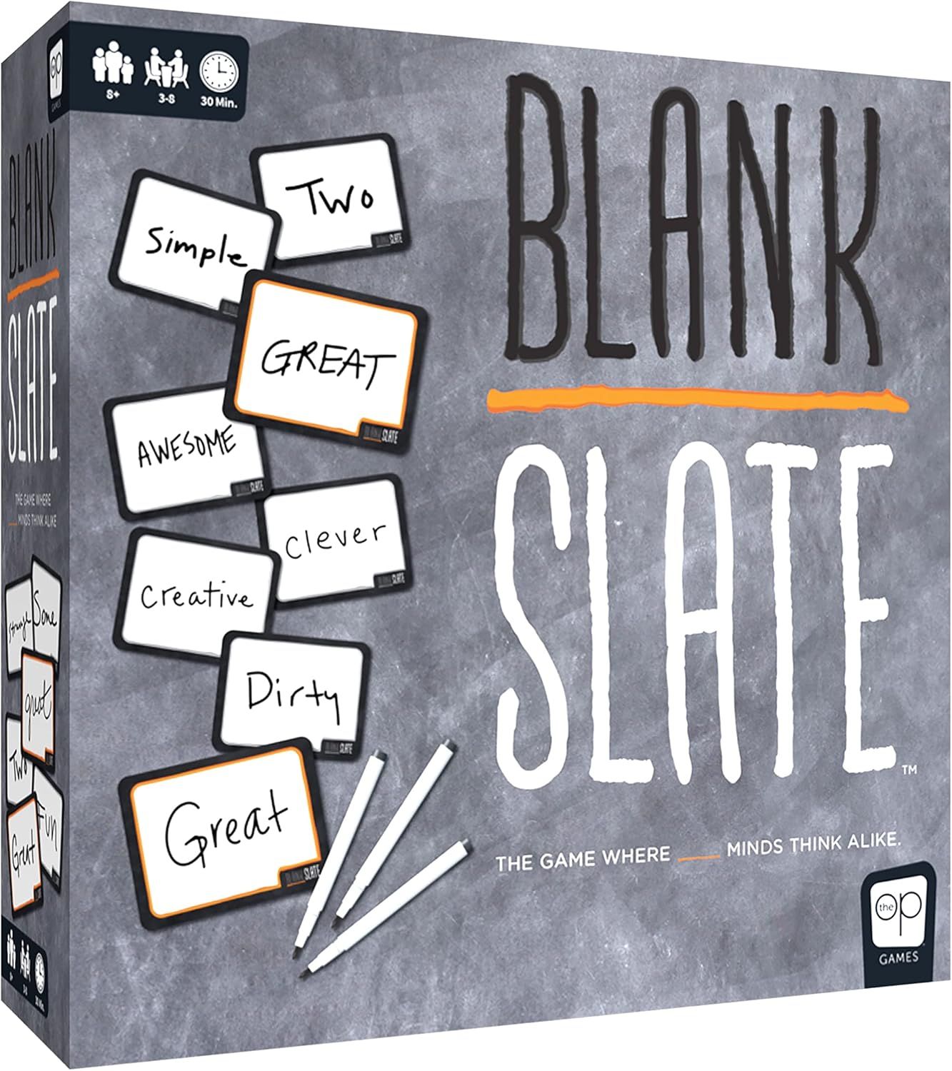 Displays the core sellable product, a party game called Blank Slate, showing the box packaging with game components visible to communicate what the buyer will receive. Shows the physical retail…