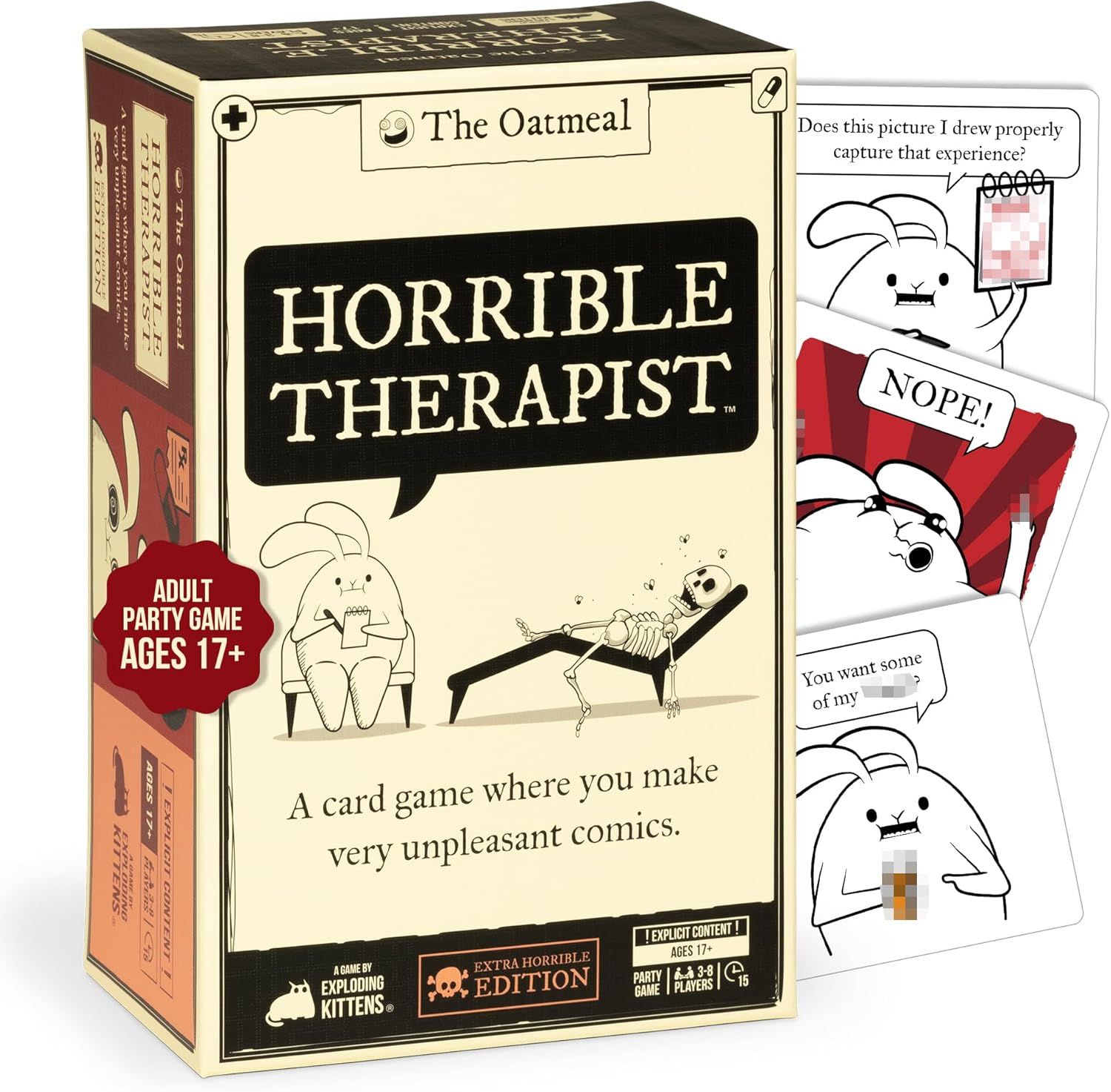 Shows the complete product packaging and sample game cards to communicate what the buyer will receive and give a preview of the game's humorous content. Displays the physical retail box packaging…