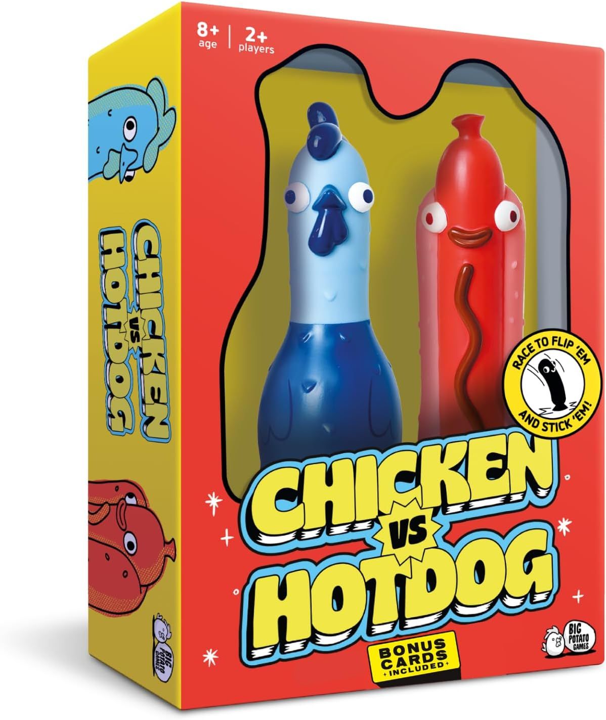 Shows the core product—two colorful, playful chicken and hotdog figures visible through the package window—to communicate what the buyer receives and attract attention with the fun, whimsical…
