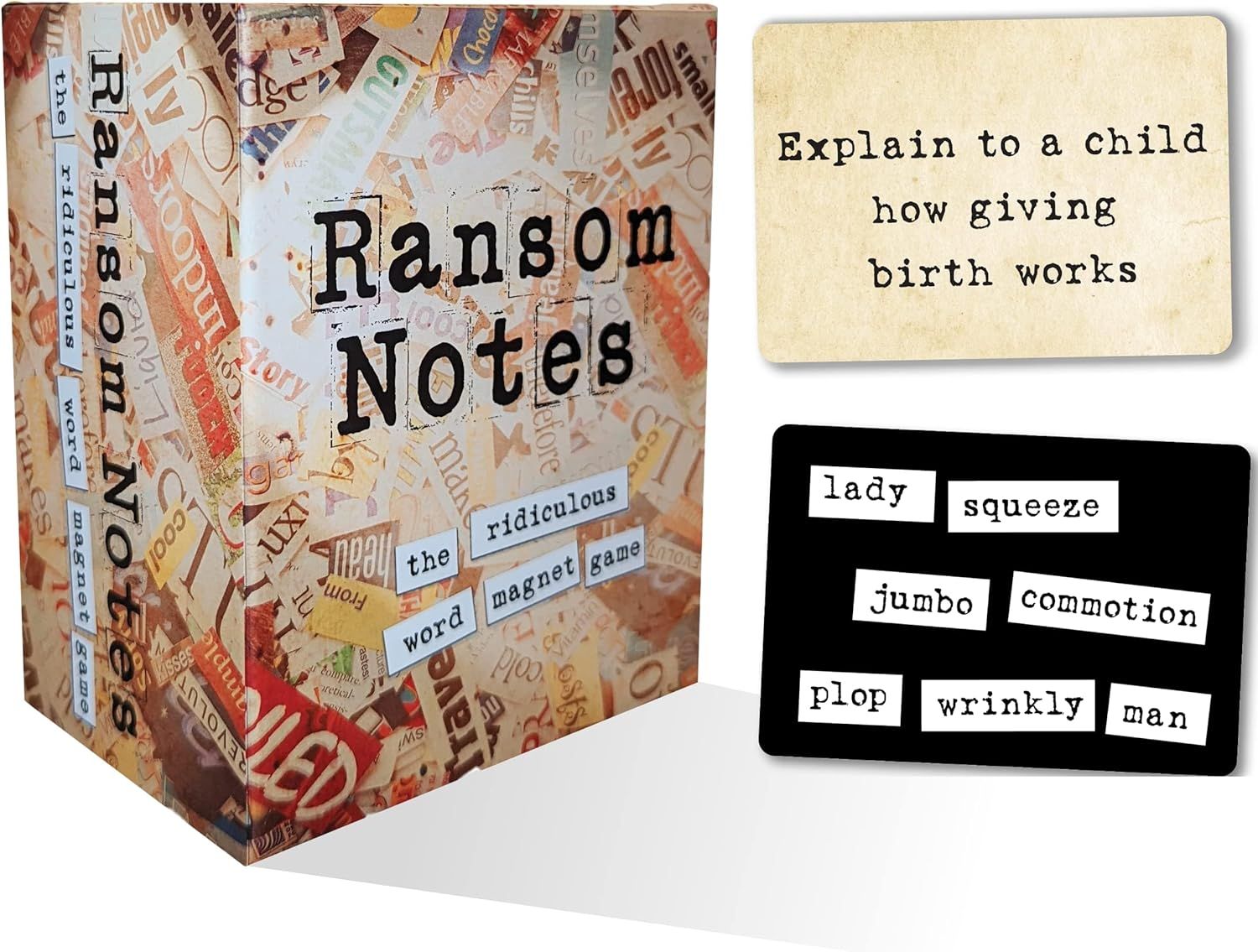 Shows the core product, a word magnet game called Ransom Notes, with its packaging and sample game cards to communicate what the buyer will receive. Displays the physical retail packaging box with…