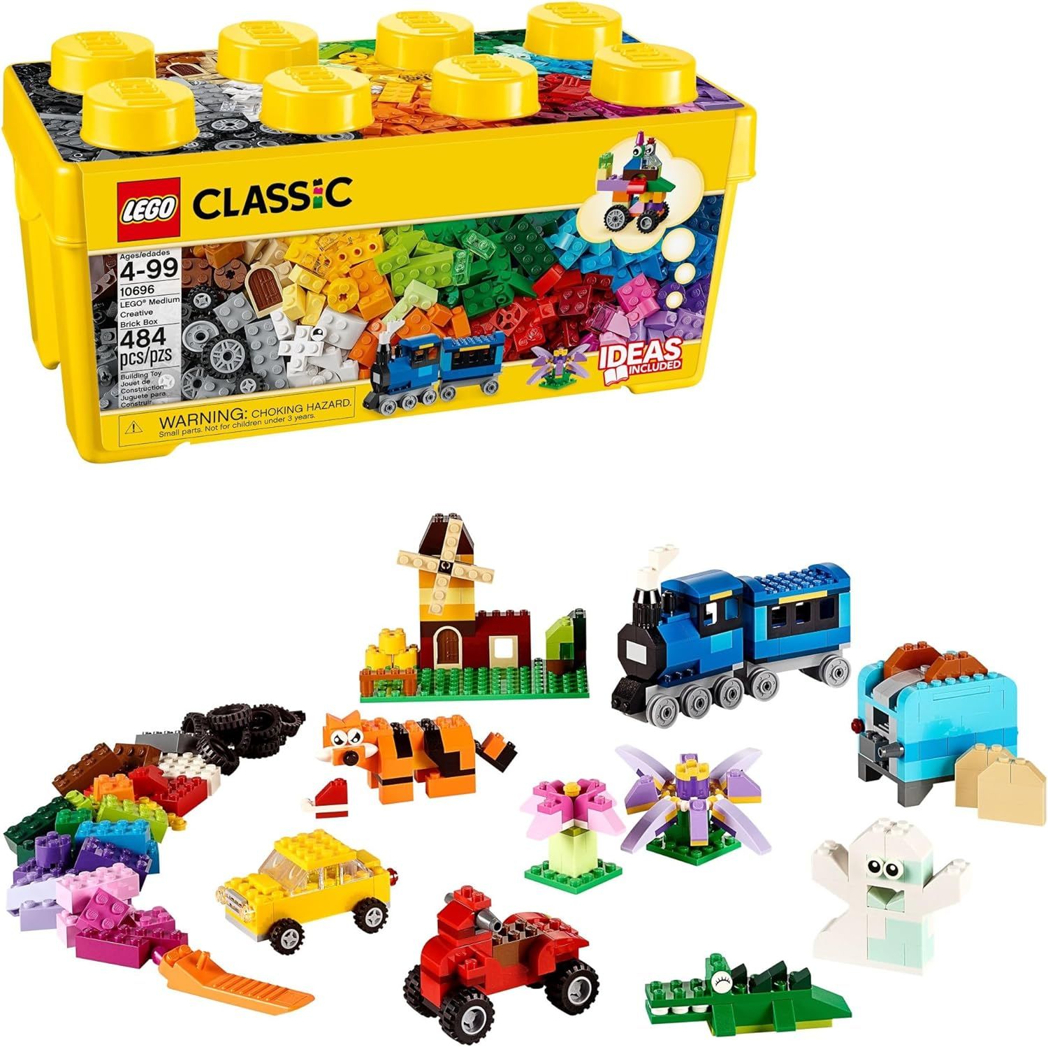 Shows the complete LEGO Classic set including the yellow storage container and all the buildable pieces and models that come with it, helping shoppers understand what they will receive in the…