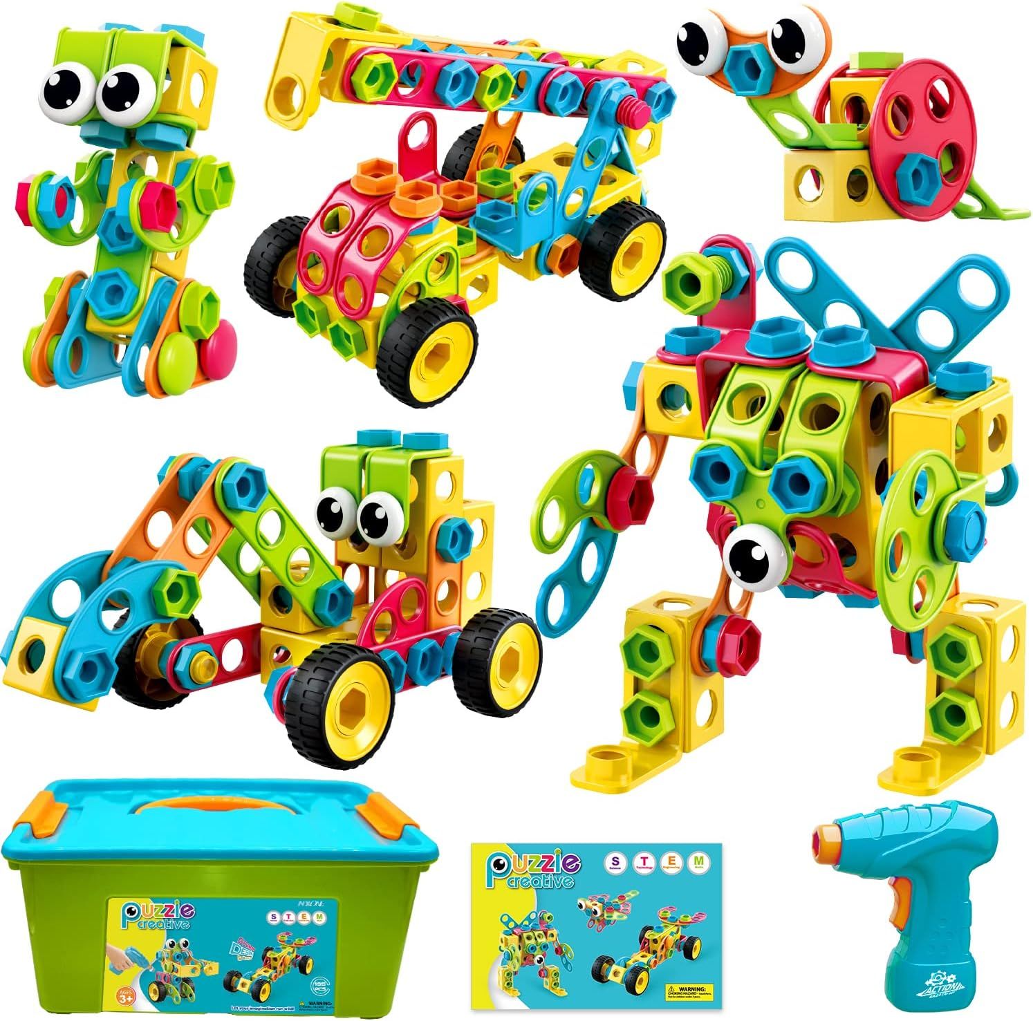 Shows the core product—a colorful construction toy set—and demonstrates the variety of creative builds possible, reassuring parents and kids that the set offers versatile play value. Displays…