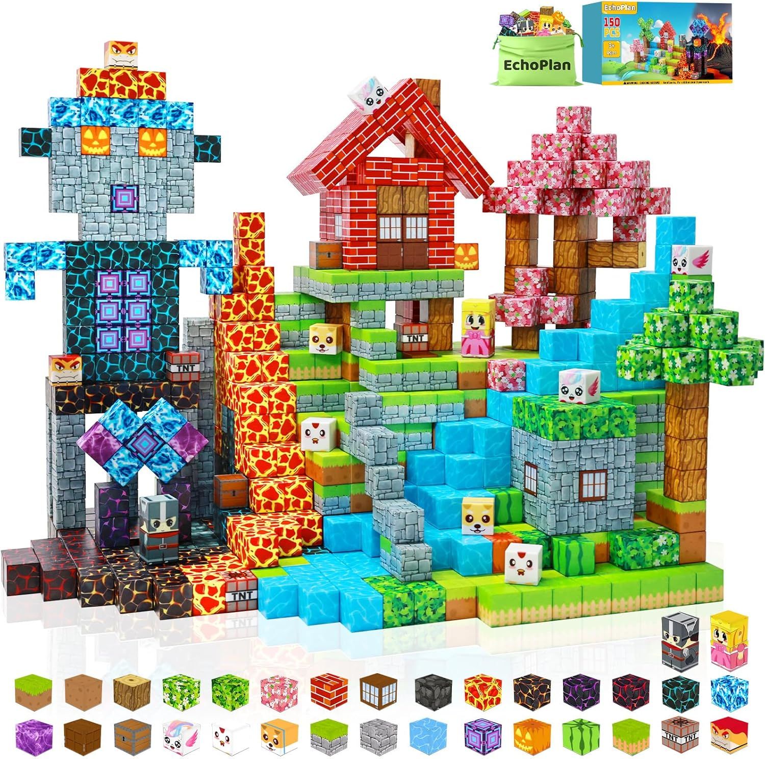 Displays the complete building block set with assembled structures and individual blocks to show the creative possibilities and variety of pieces included in the product. Shows the EchoPlan branded…
