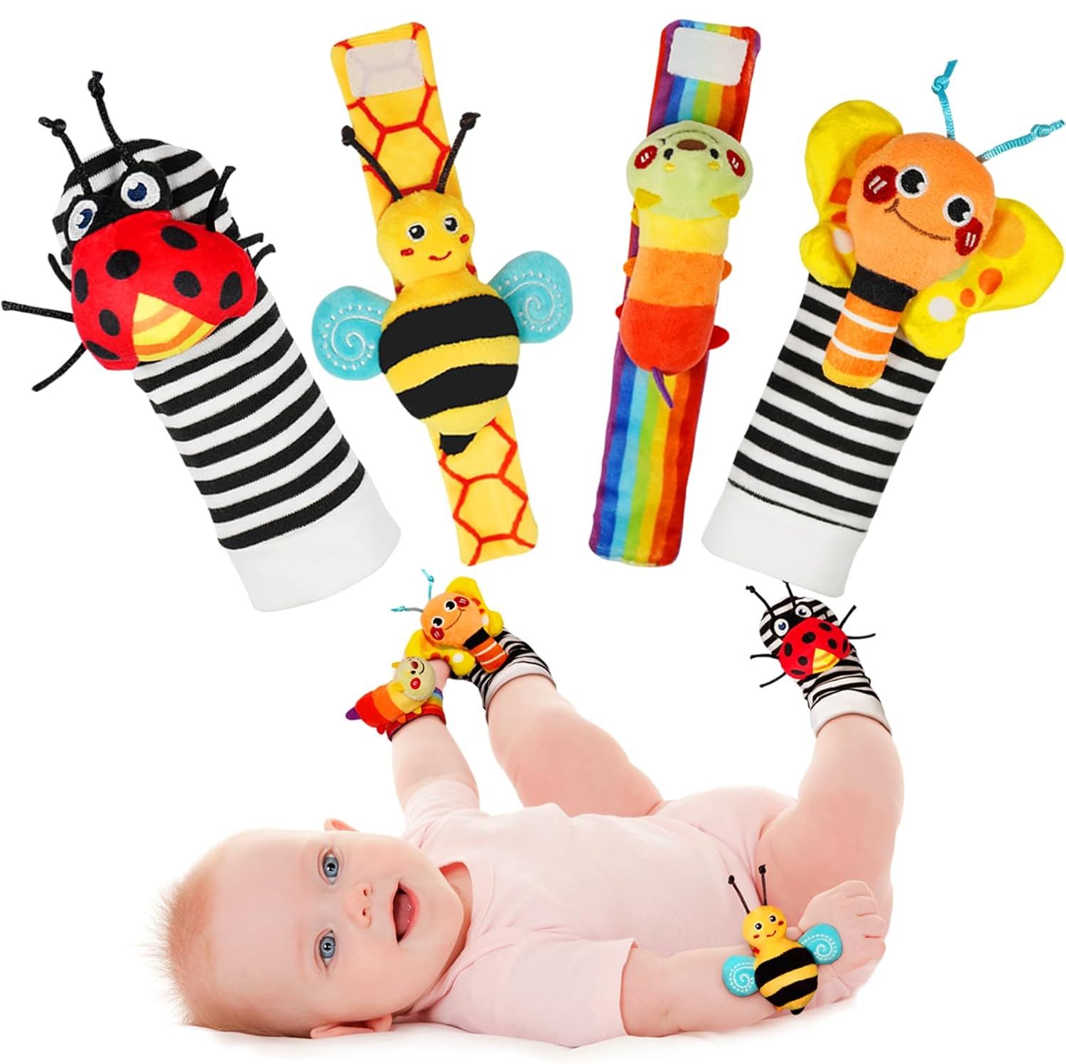 Shows the complete set of colorful baby wrist and foot rattles with cute animal characters to communicate the variety and developmental benefits for infants. Demonstrates how the rattles are worn on…