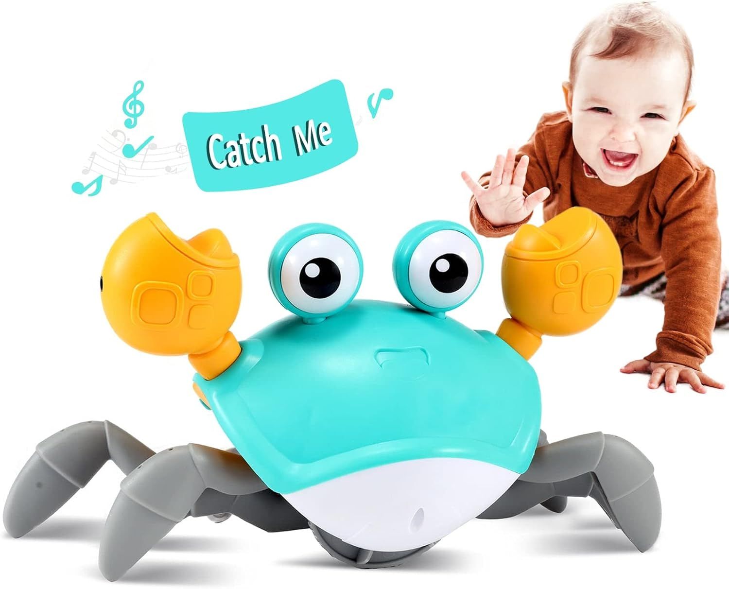 Shows a baby actively playing with and reaching for the crab toy to demonstrate its appeal and engagement for young children. Uses graphic overlays including music notes and a Catch Me banner to…