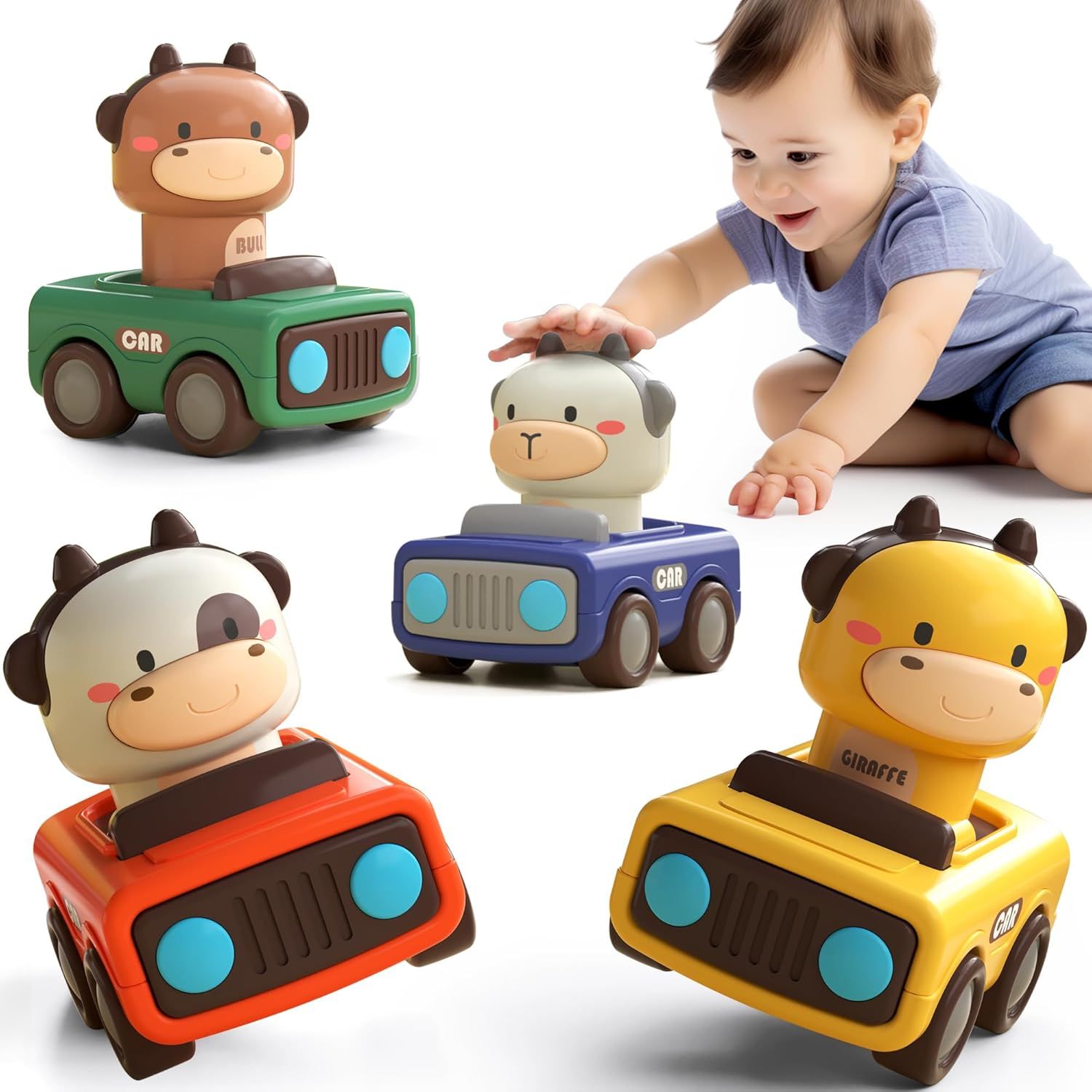 Shows the core product—a set of adorable animal-themed toy cars in multiple colors—to help shoppers understand what they are purchasing and see the variety included. Features a young child playing…