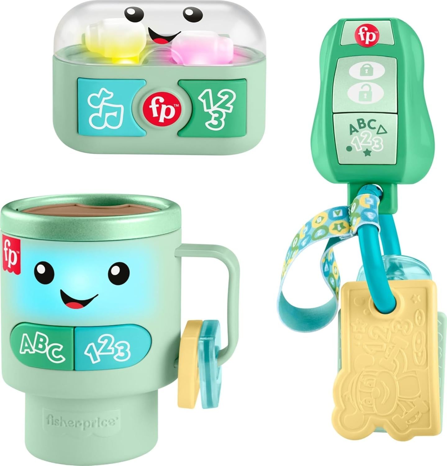 Shows the complete Fisher-Price toy set with all included pieces to communicate the full value and variety of items the buyer will receive. Demonstrates that the purchase includes multiple distinct…