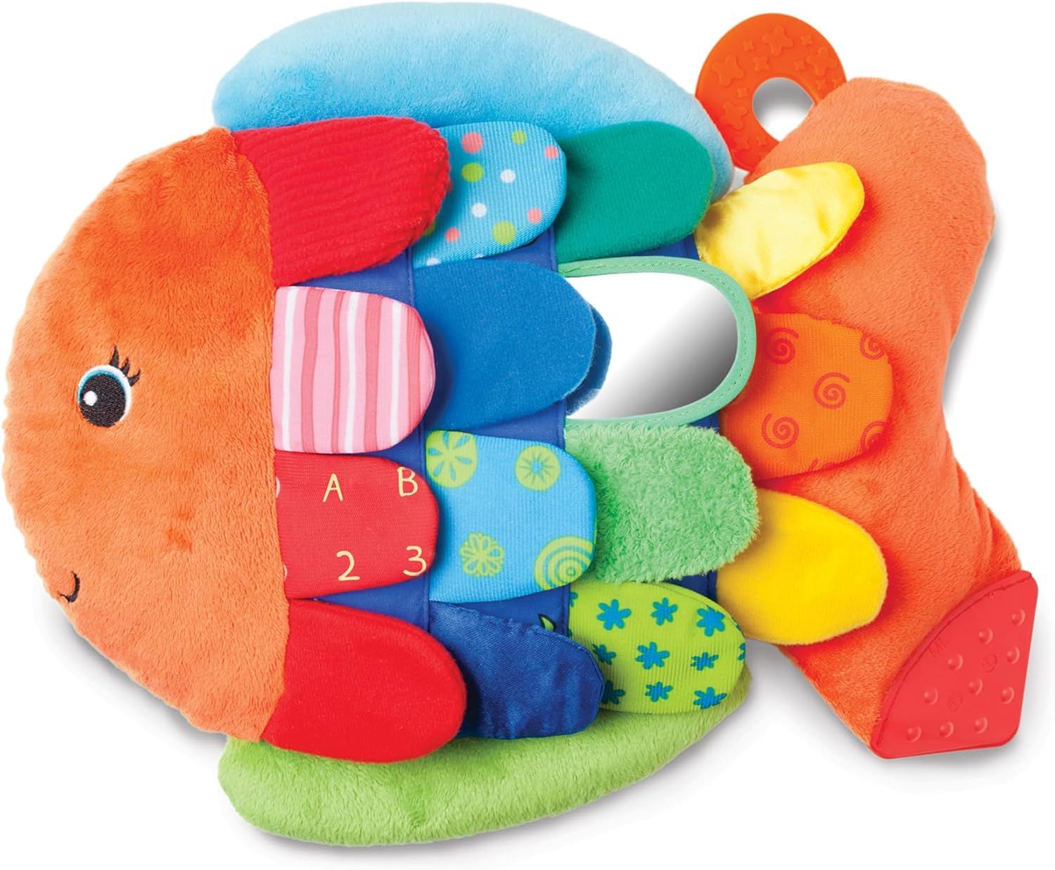 Displays the colorful fish-shaped baby toy with multiple textures, patterns, and educational features to show parents the variety of sensory and learning elements included in this single product.