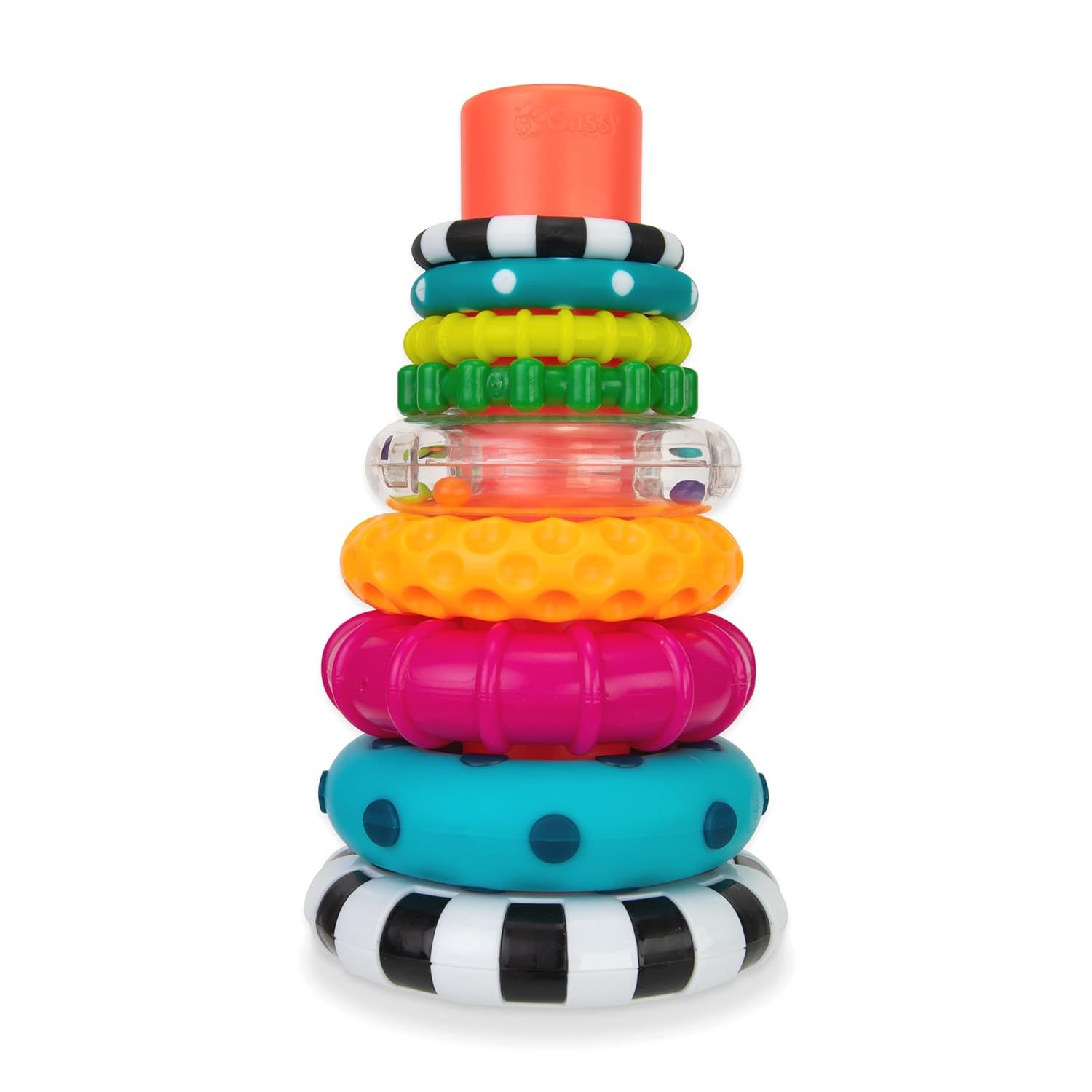 Displays the complete stacking toy with all its colorful rings and varied textures to show parents the full product and its developmental play value for babies and toddlers.