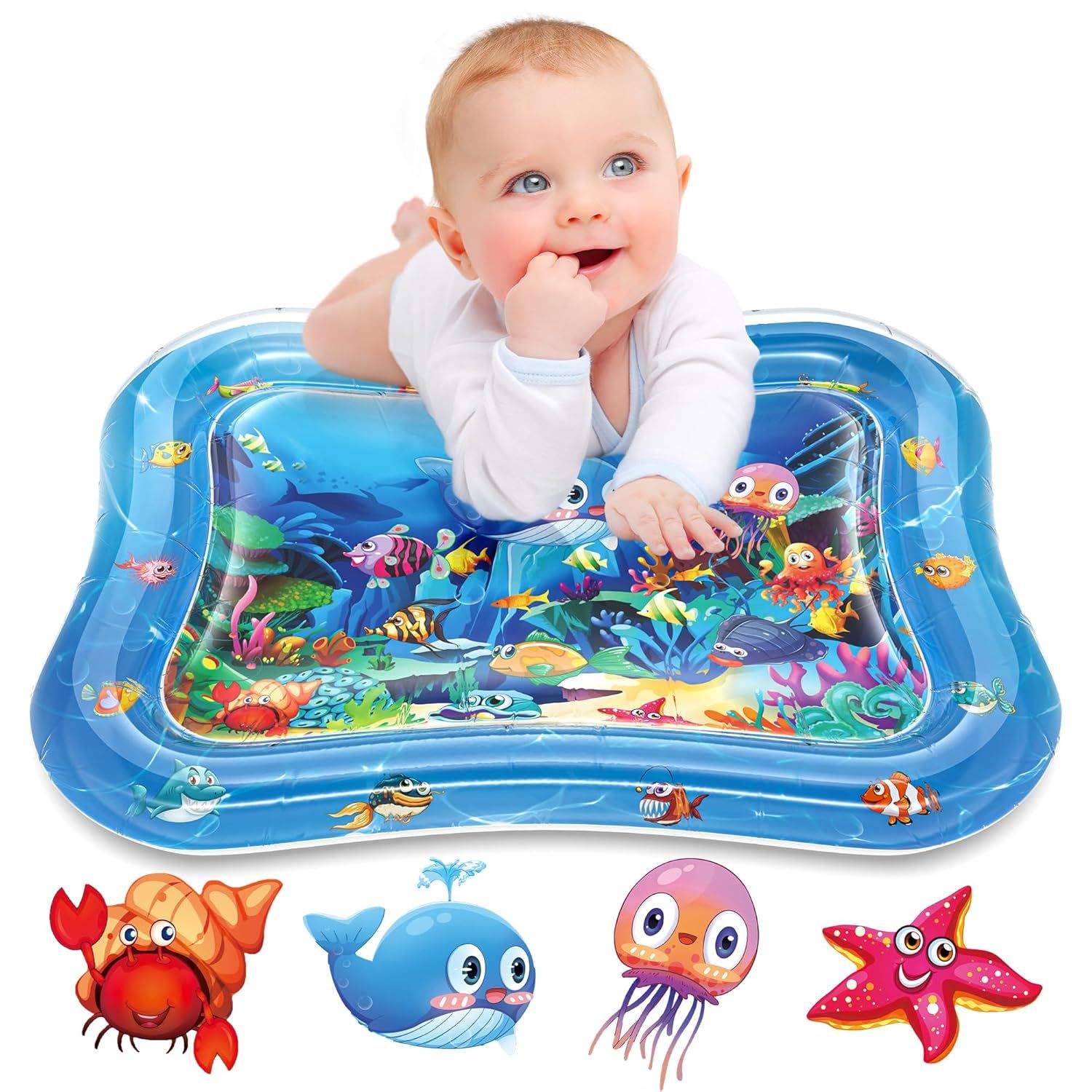 Shows a baby actively using the water play mat to demonstrate scale, age appropriateness, and how the product engages infants during tummy time or play. Demonstrates the product in use as a…