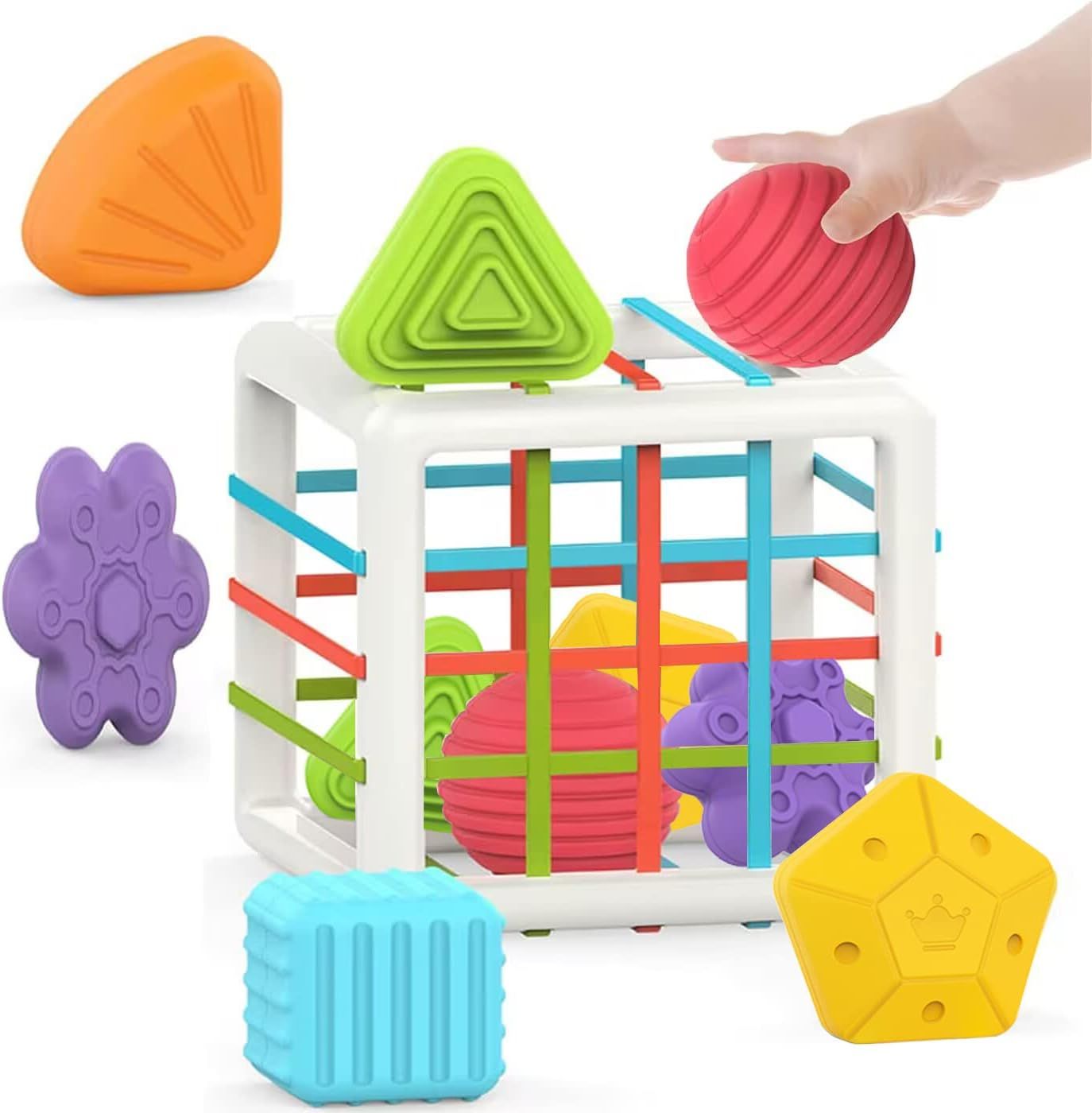 Shows the core product—a shape-sorting toy with colorful geometric pieces—to communicate its educational value and engaging design for children. Demonstrates how the toy works by showing a hand…