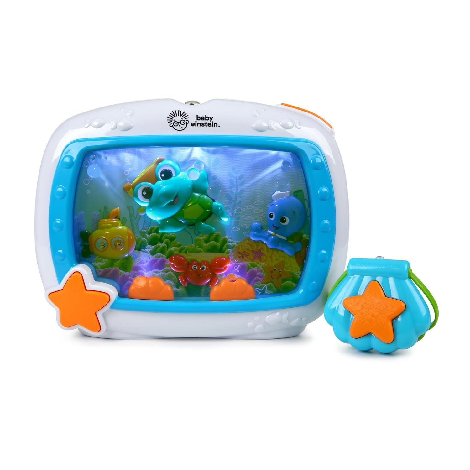 Shows the core Baby Einstein aquarium toy with its colorful underwater scene and included remote control to communicate what the buyer receives. Demonstrates that the toy includes a separate remote…
