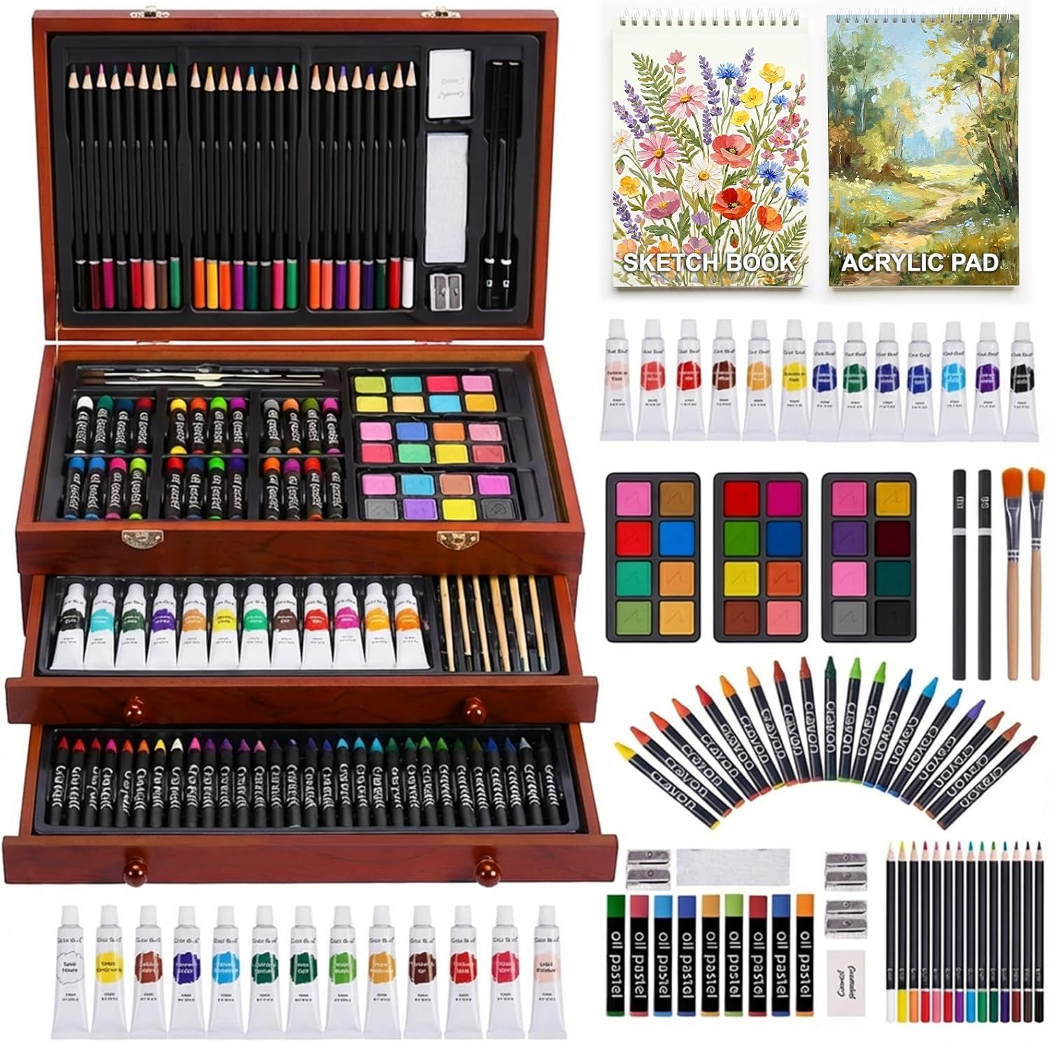 Displays the comprehensive art supply set with all included items organized to show the variety and completeness of the kit, reassuring buyers they are getting a full range of art materials. Shows…
