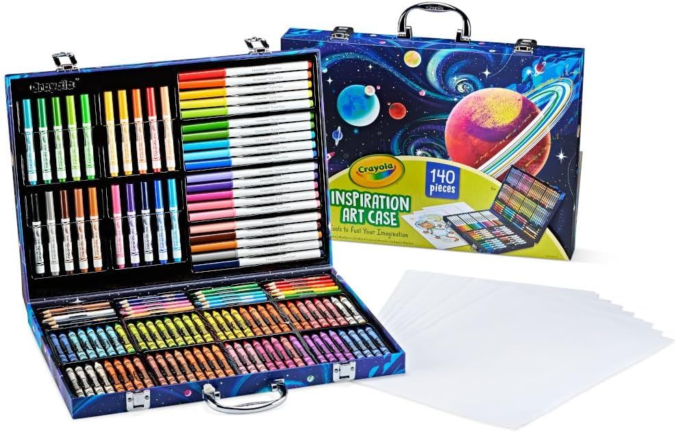 Displays the Crayola Inspiration Art Case with all 140 art supplies neatly organized inside, showing the variety and completeness of the set to communicate value and inspire creative confidence.…
