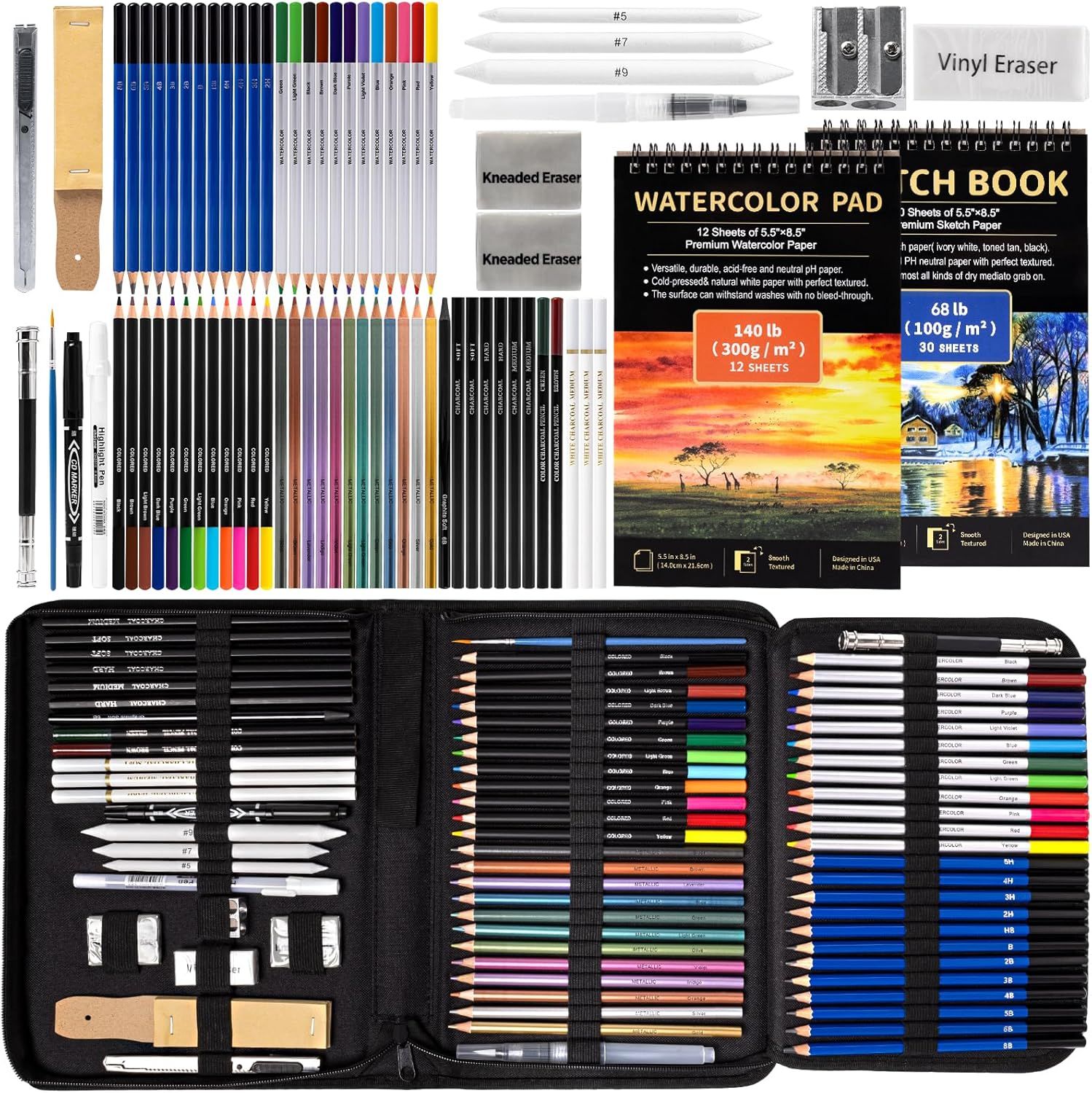 Displays the comprehensive art supply kit with all included items (colored pencils, sketching tools, erasers, sharpeners, watercolor pads, and sketch books) to show shoppers the full value and…