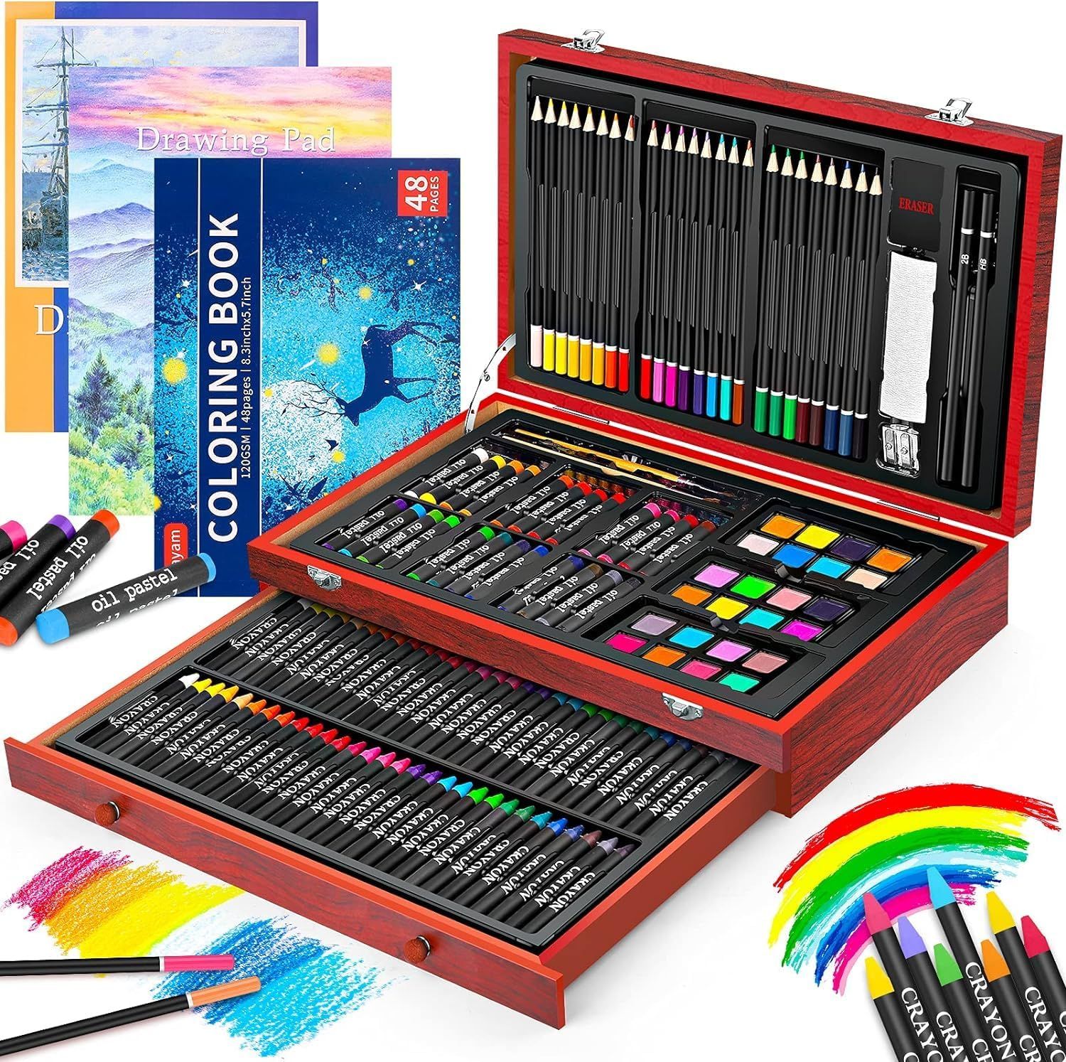 Showcases a comprehensive art supply set in an elegant wooden case, communicating the variety and organization of included art materials to appeal to artists and gift buyers. Demonstrates the…