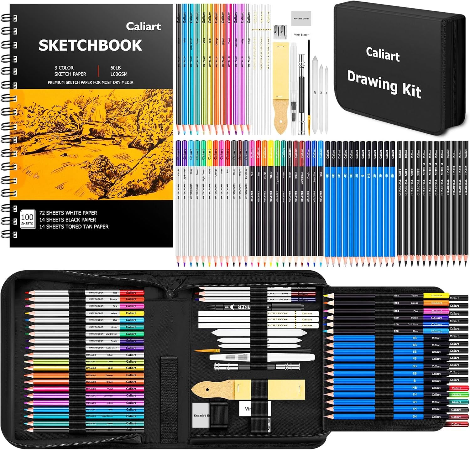 Shows the comprehensive drawing kit with all included accessories—sketchbook, colored pencils, markers, erasers, and carrying case—to communicate the complete value and variety of items the buyer…