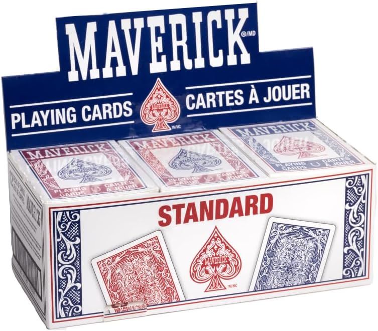 Shows the retail display box containing multiple decks of Maverick playing cards, communicating the product packaging and brand identity to shoppers. Displays the physical retail packaging that the…